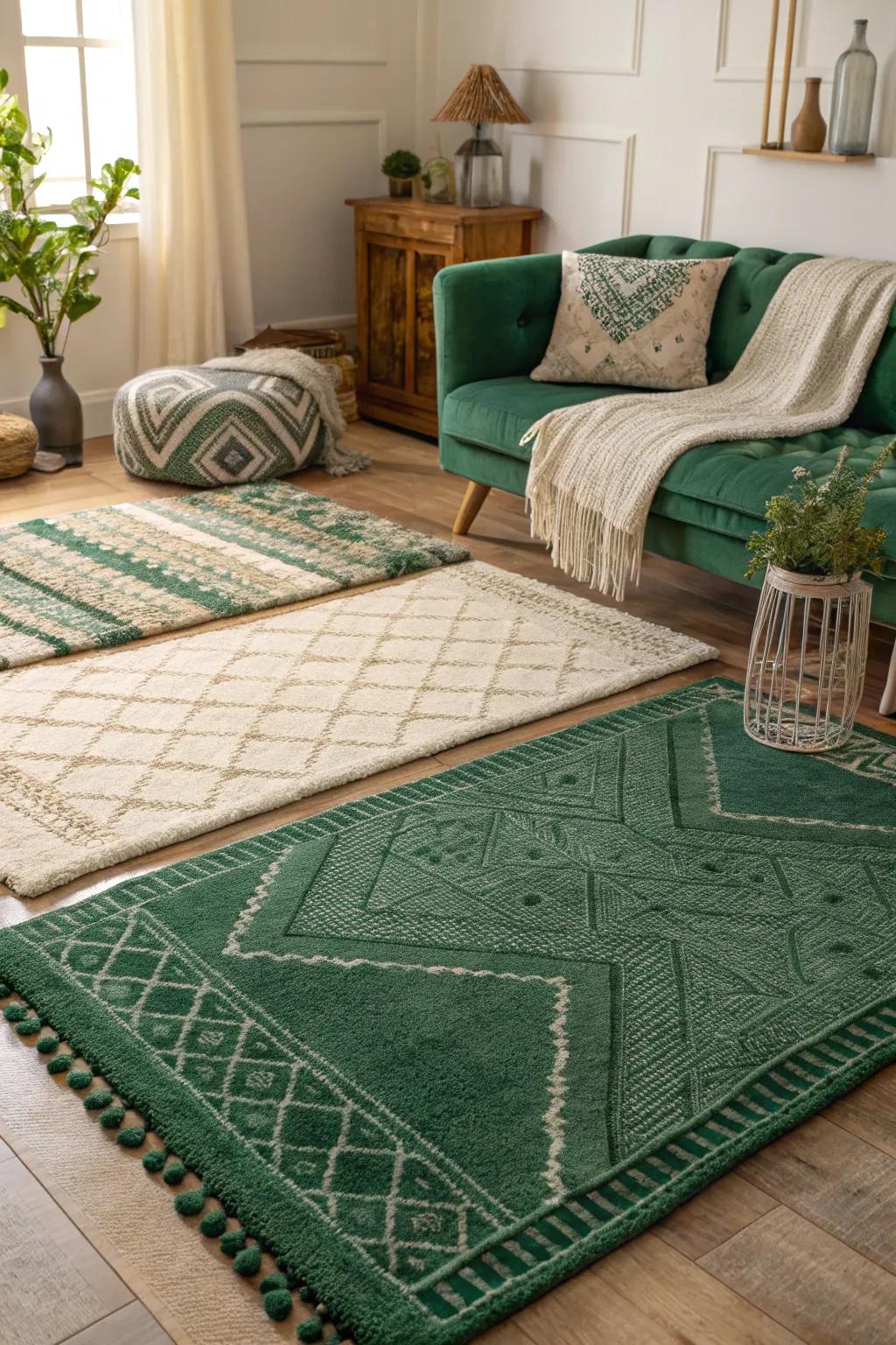 Layered floor coverings in verdant colors add coziness and change.