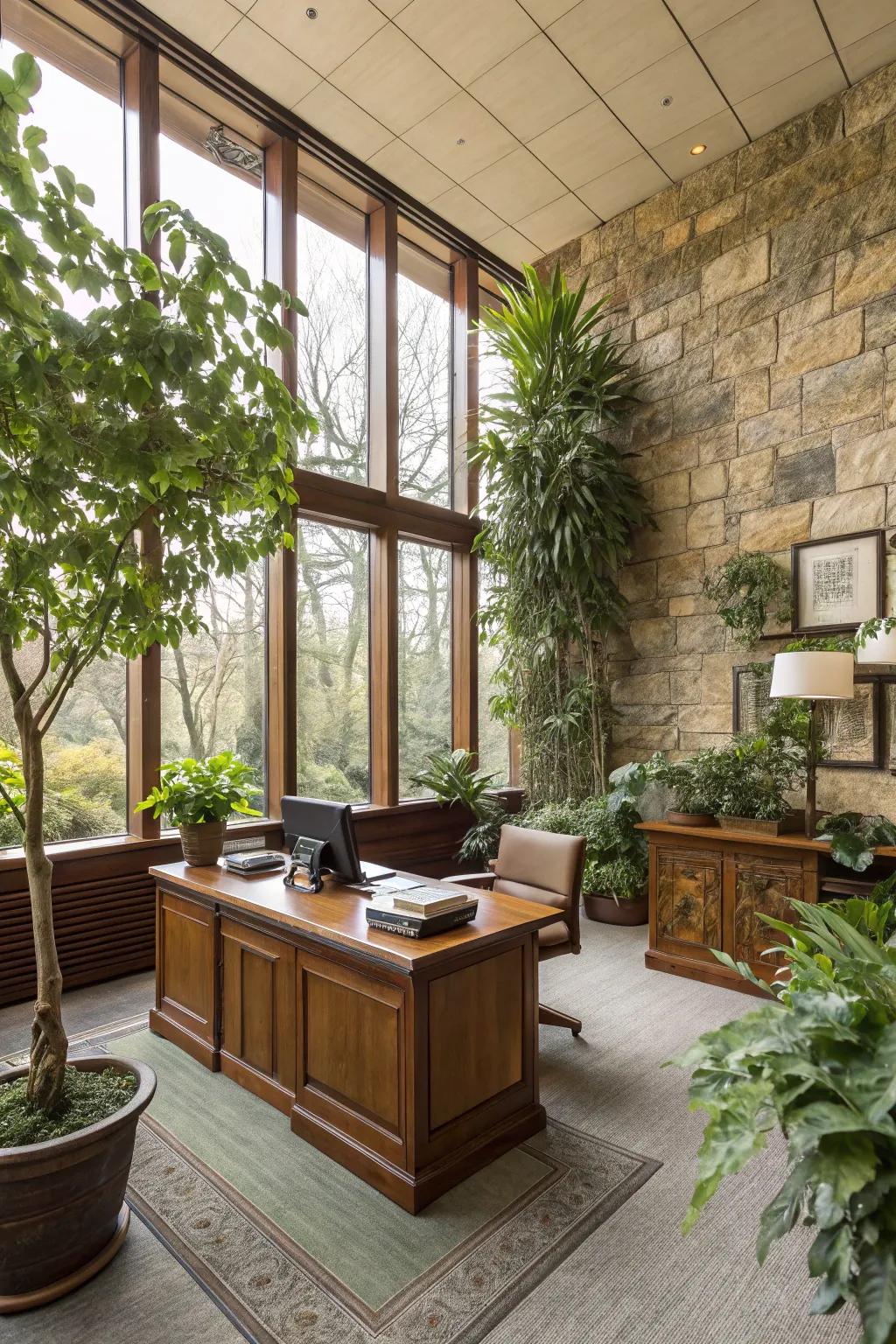 Biophilic elements create a calming office environment.