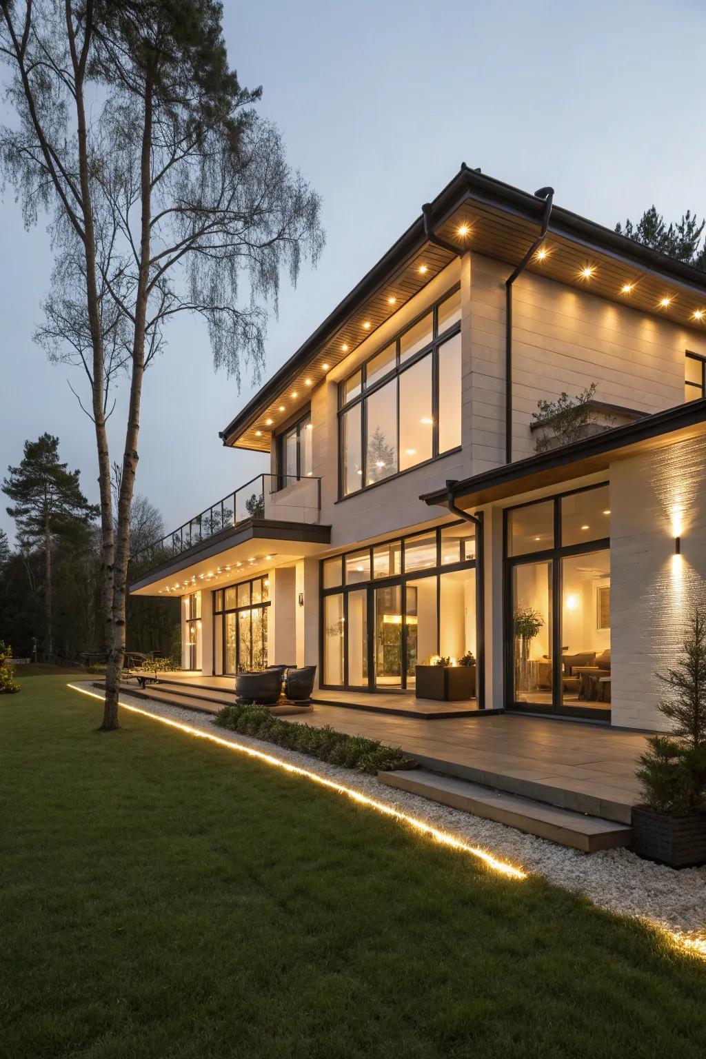 A modern home with smart outdoor lighting features.