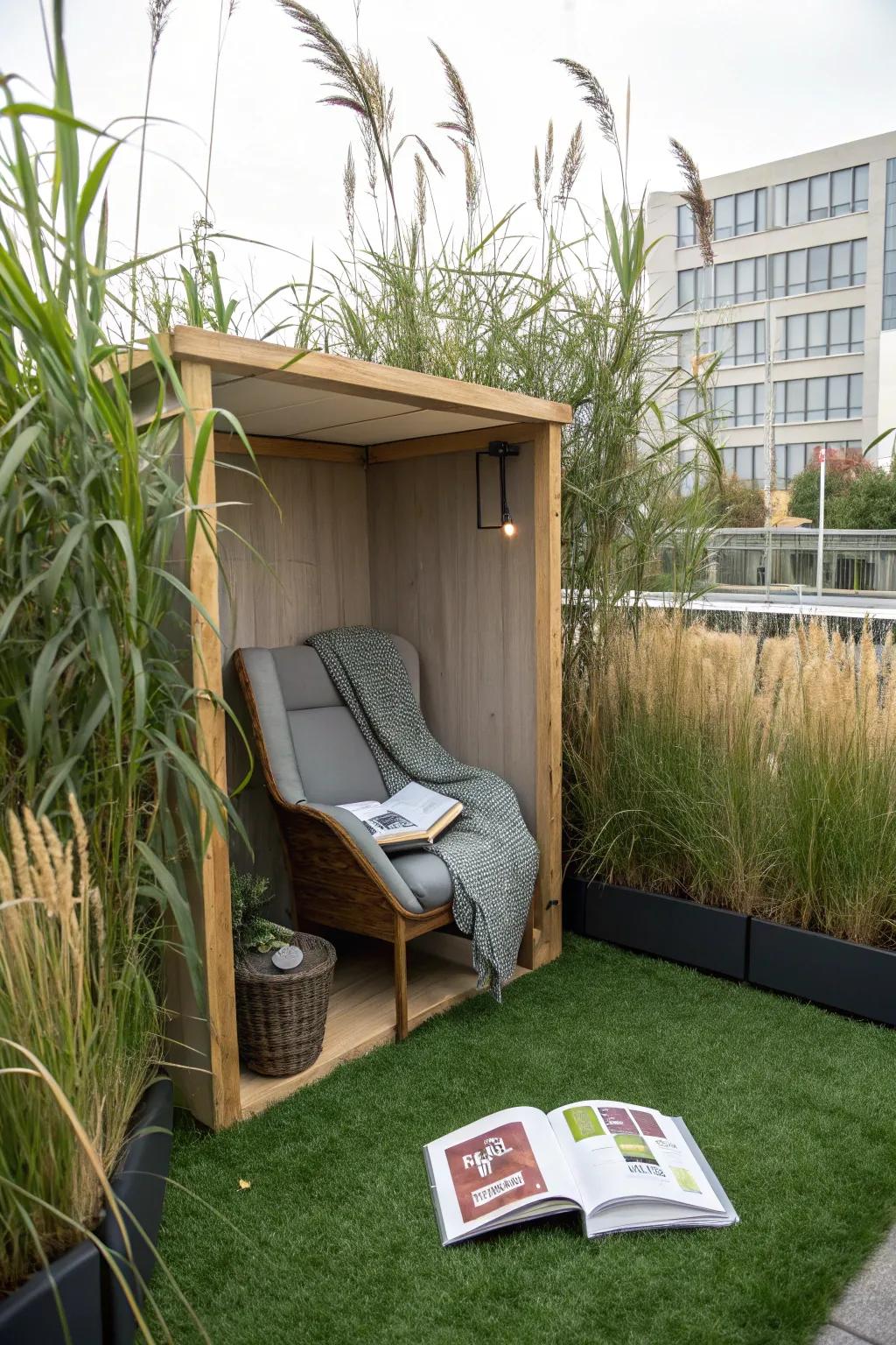 A tranquil reading alcove with natural privacy on synthetic turf.