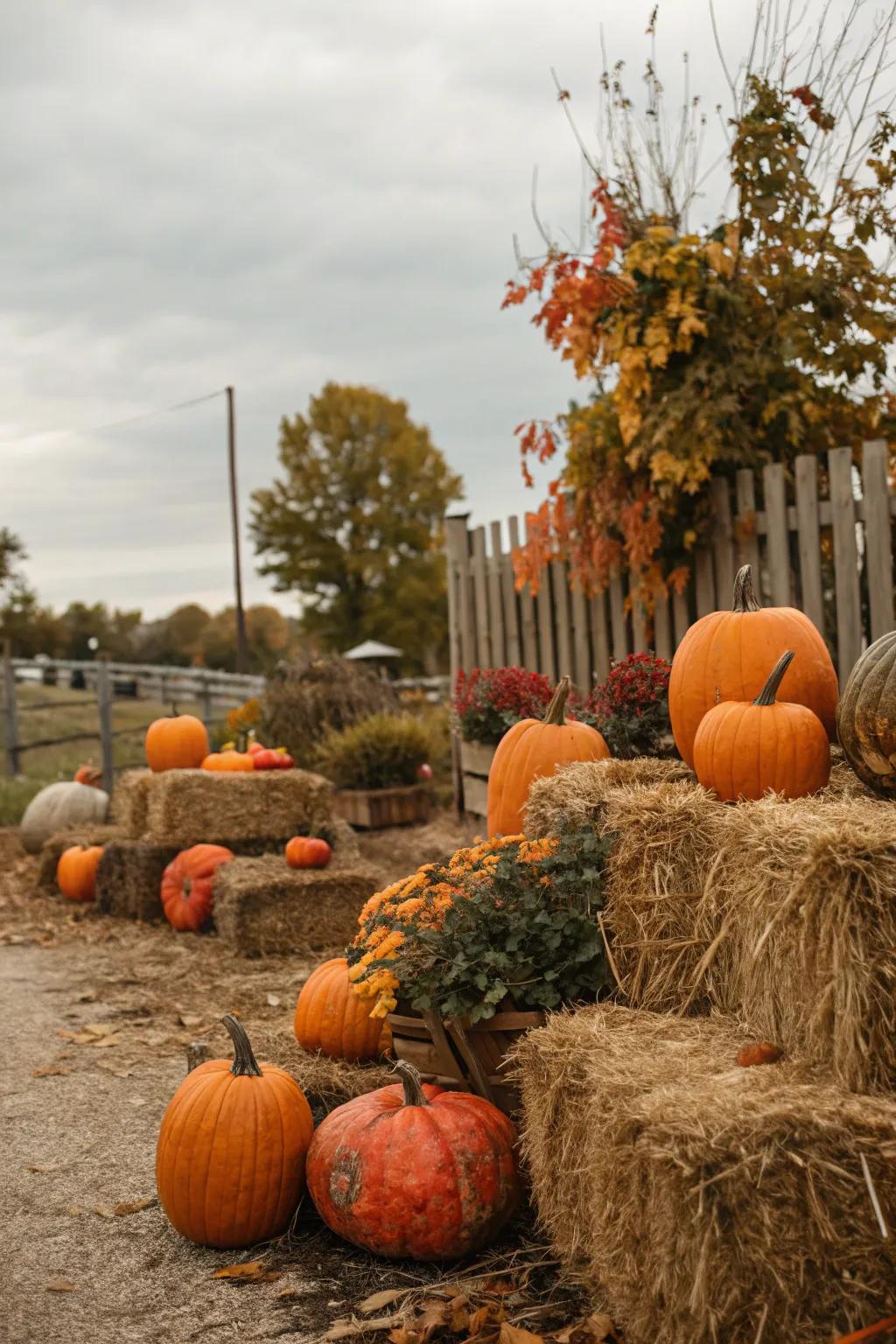 Mini hay bales add a rustic harvest-time charm to pumpkin displays.