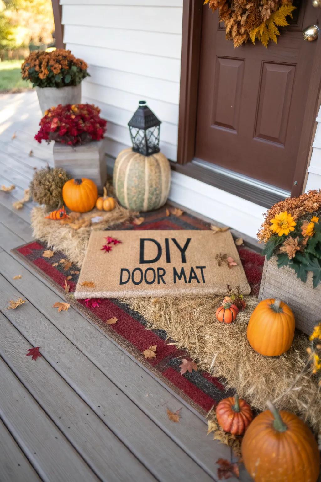 A DIY entrance mat contributes a personal and welcoming stroke to the fall composition.