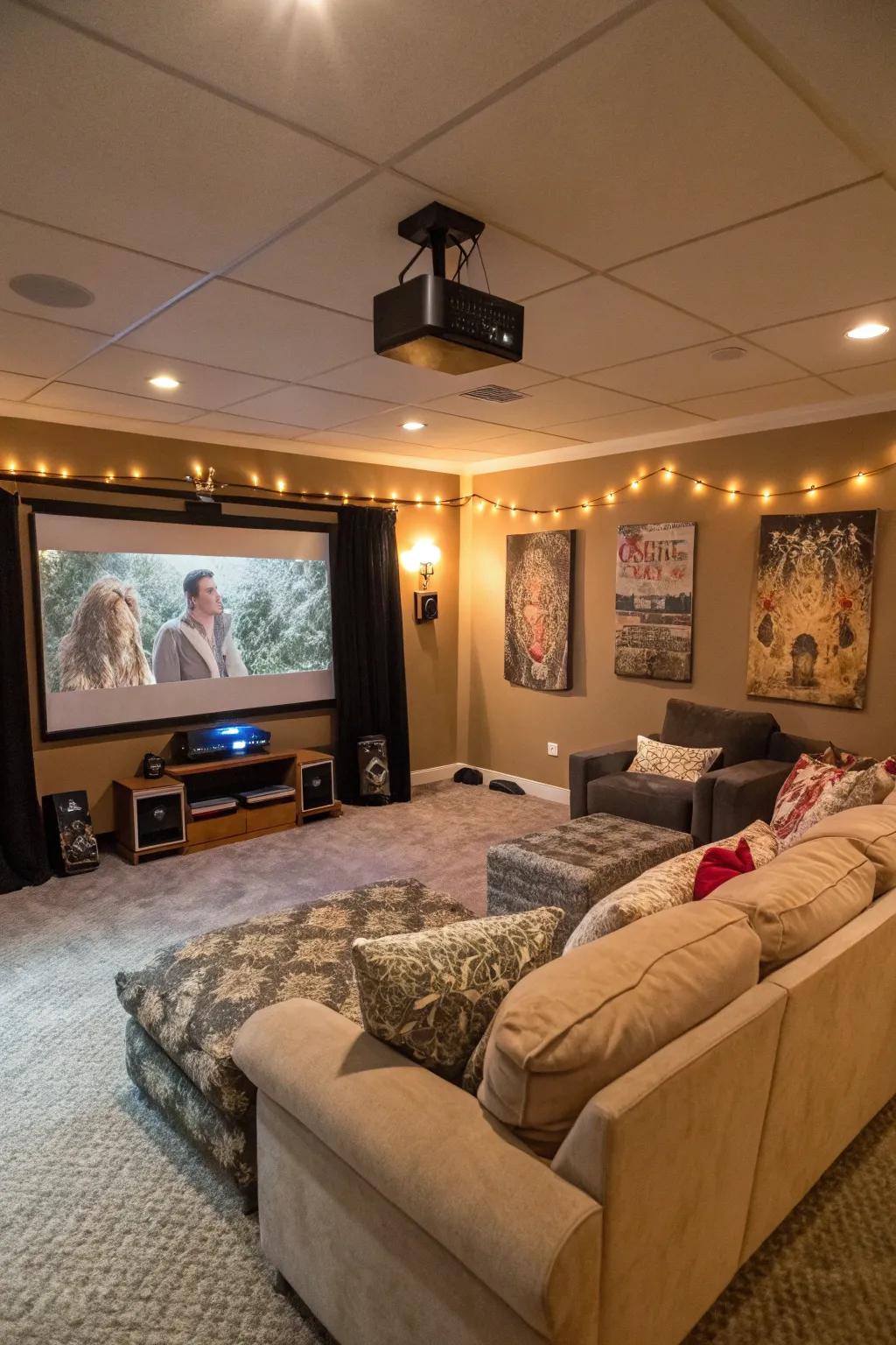 A movie viewing arrangement converting home into cinema.
