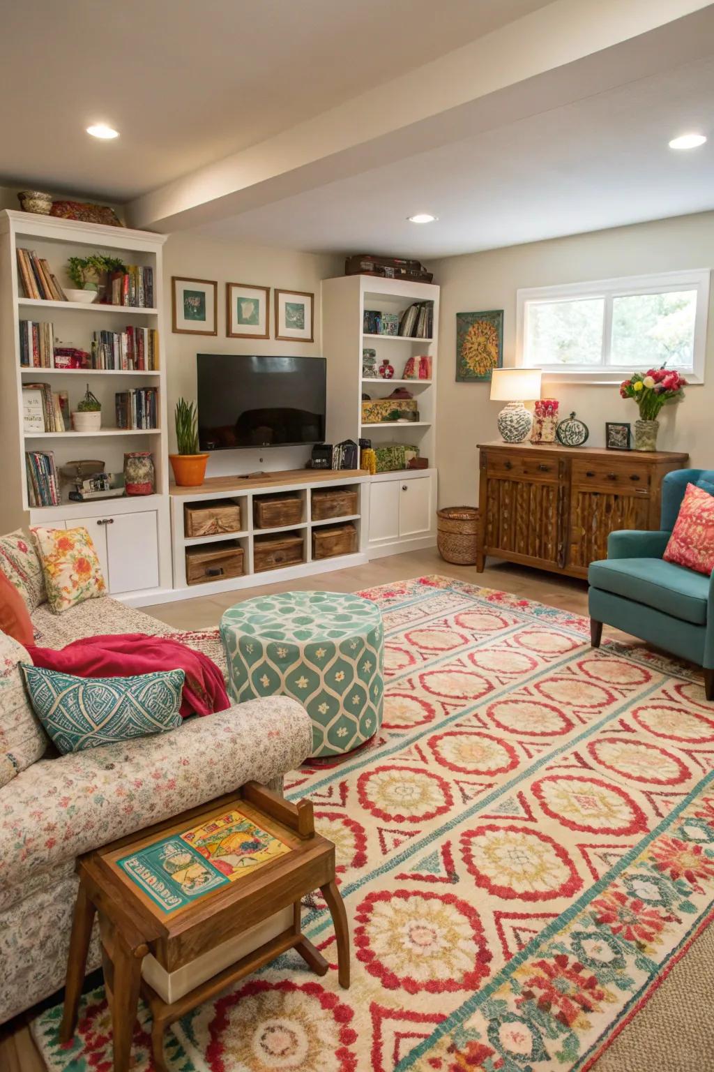 Eclectic decor enhances the charm of a patterned carpet.