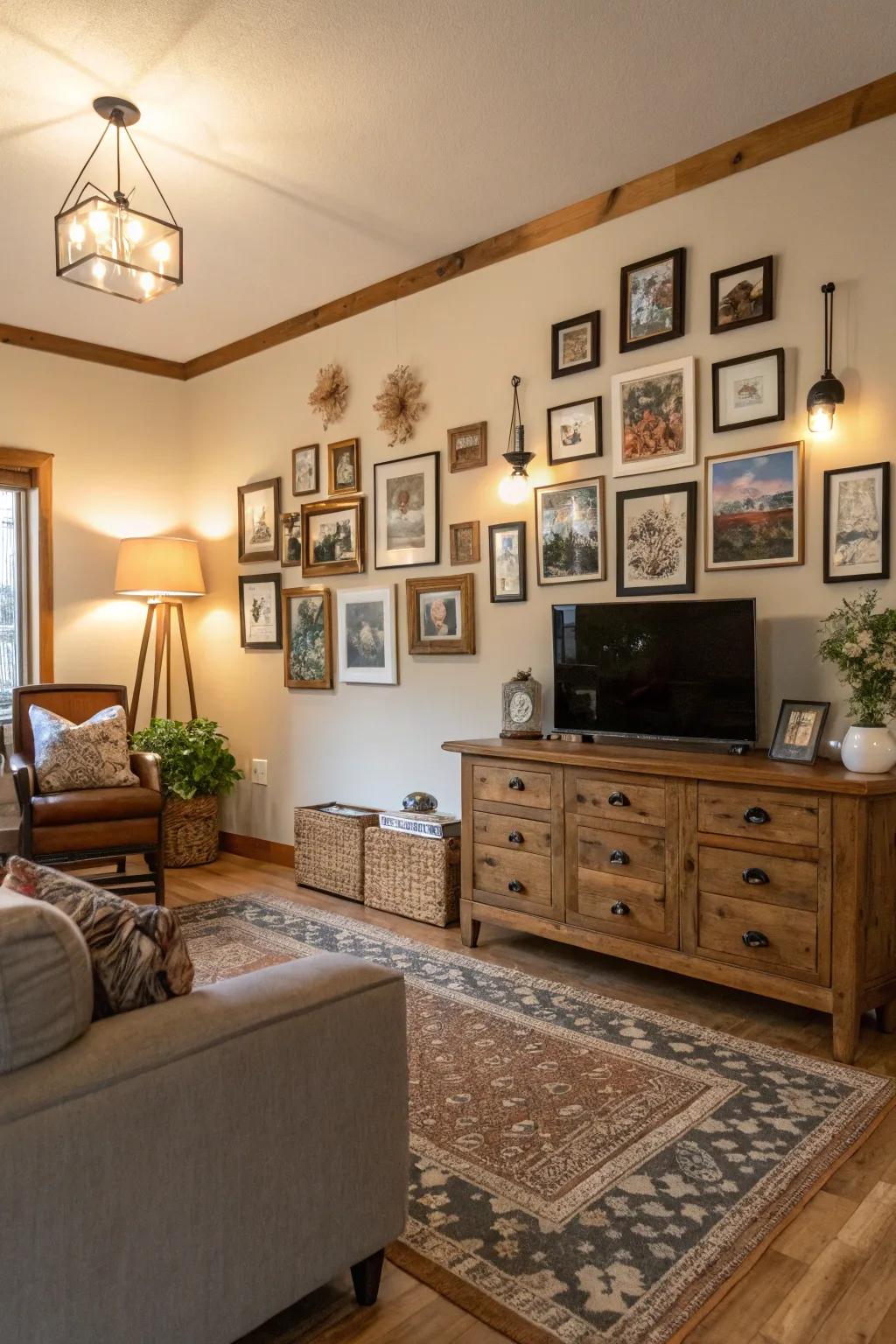 A gallery wall infuses character and personalization into this farmhouse living space.