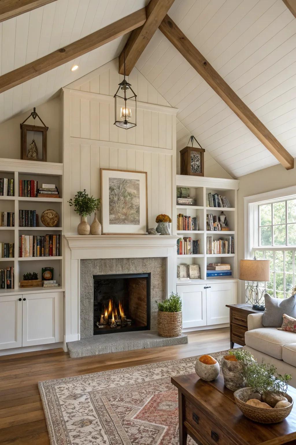 Open shelving showcasing personal items in a farmhouse living room.
