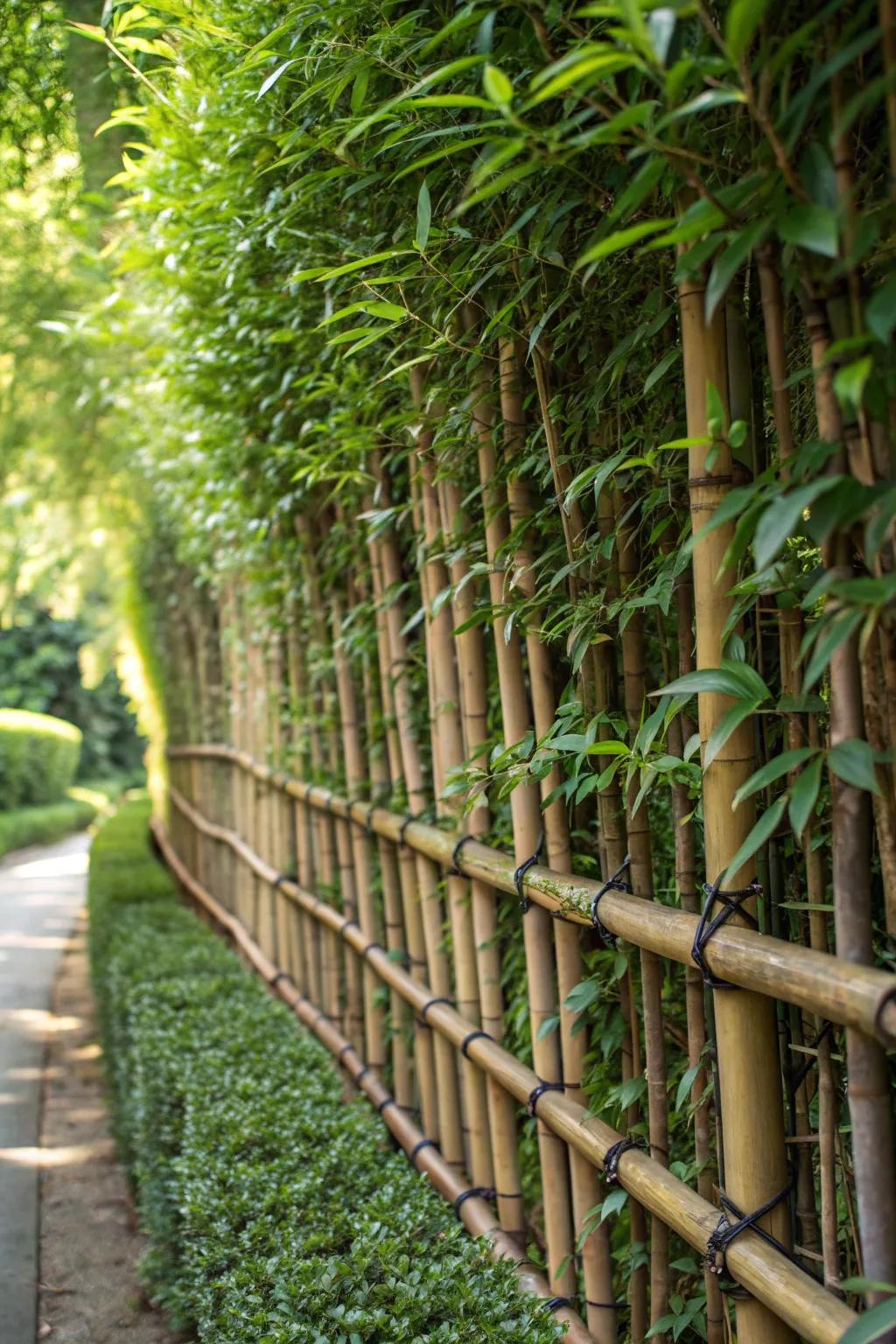 Embrace nature's craftsmanship with a lush living fence, where bamboo and hedges blend to form the perfect natural barrier.