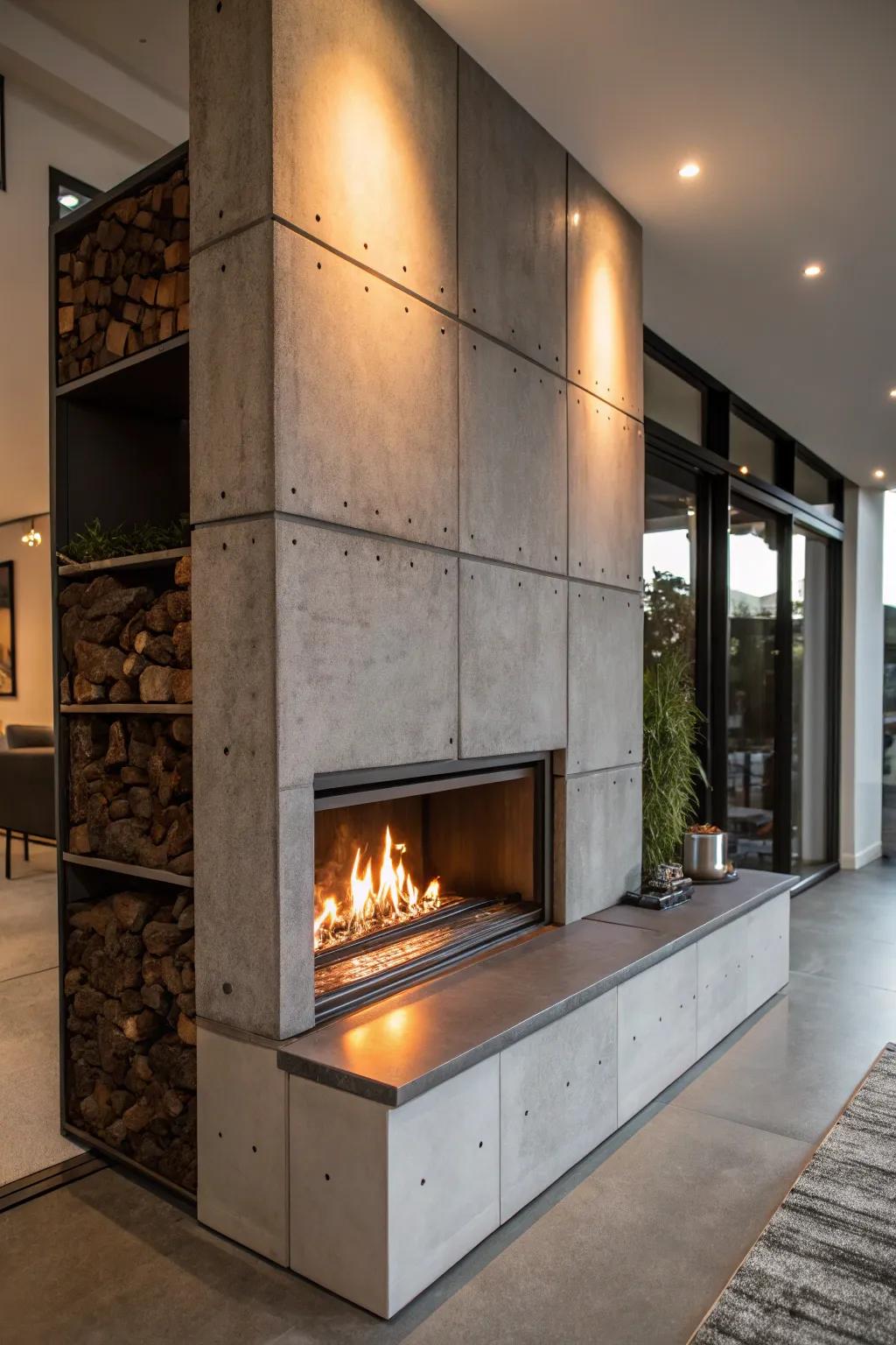 Industrial chic design adds an edgy sophistication to the fireplace.