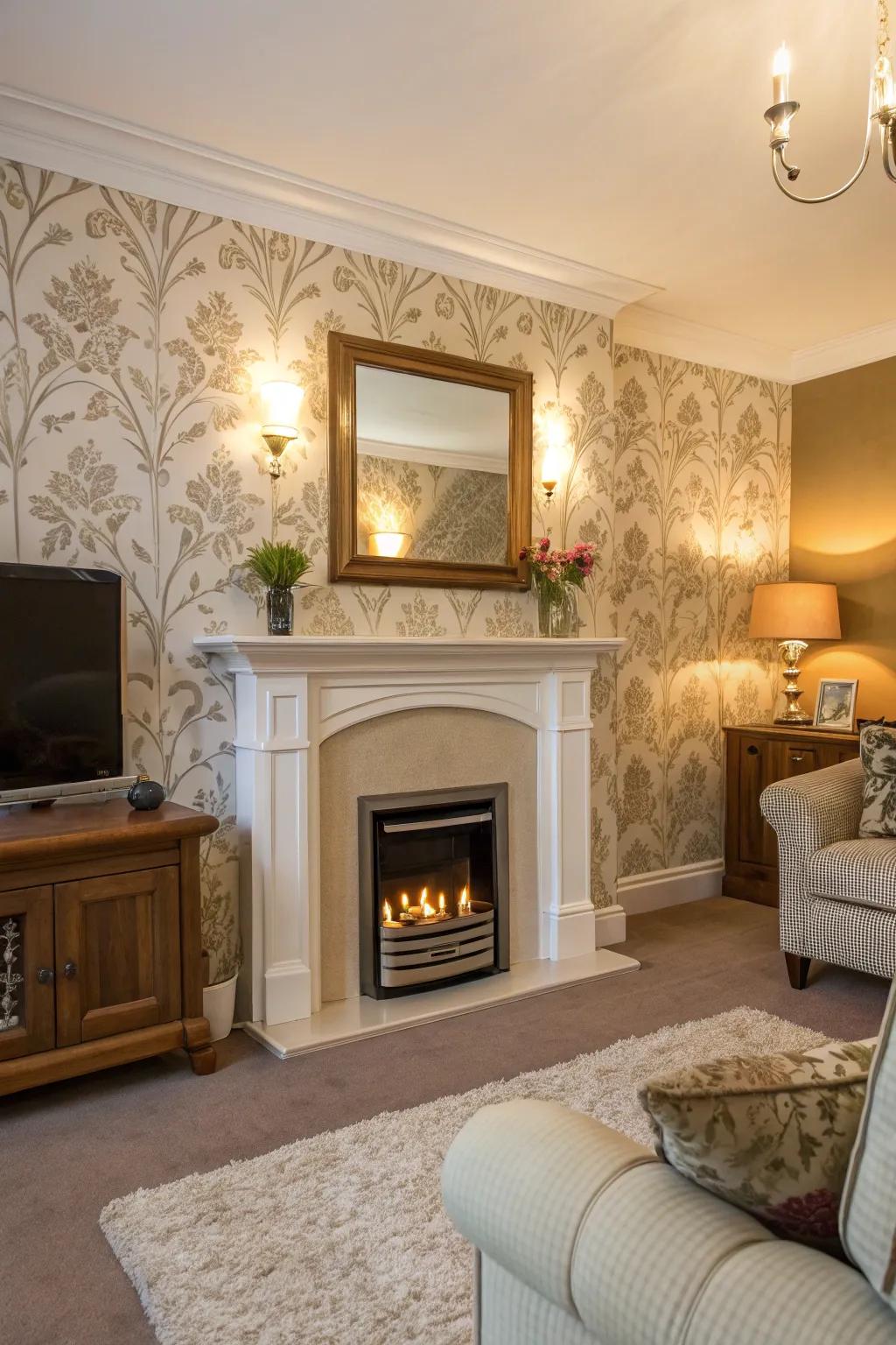 Wallpaper can transform your fireplace area with color and texture.
