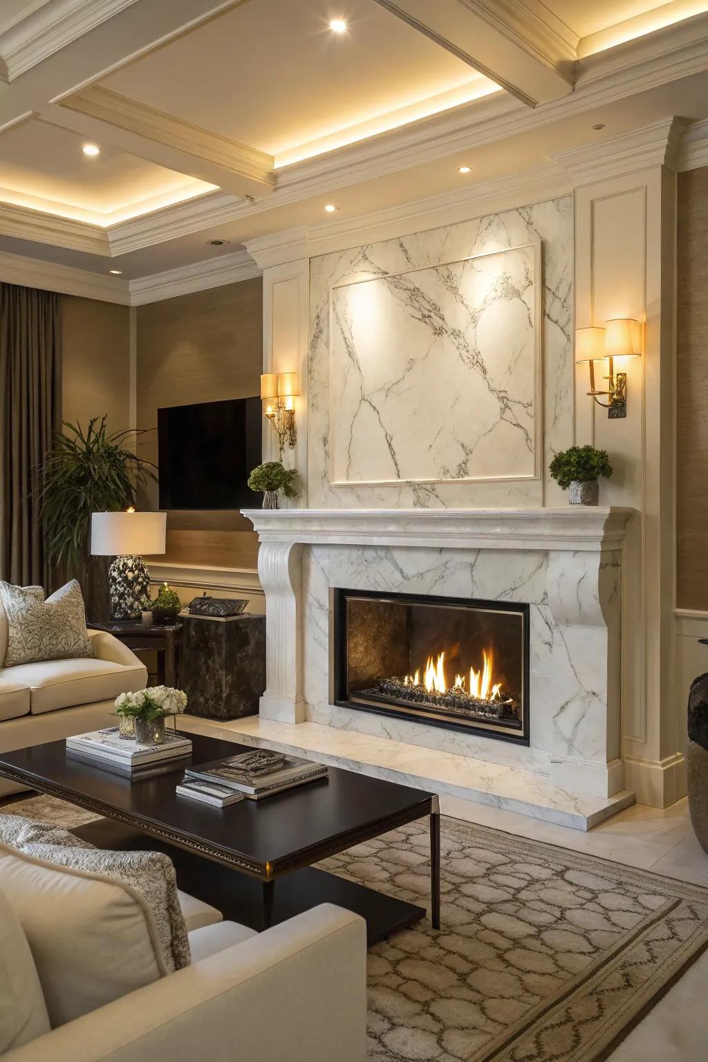 An elegant living room highlights a fireplace with a luxurious marble surround.
