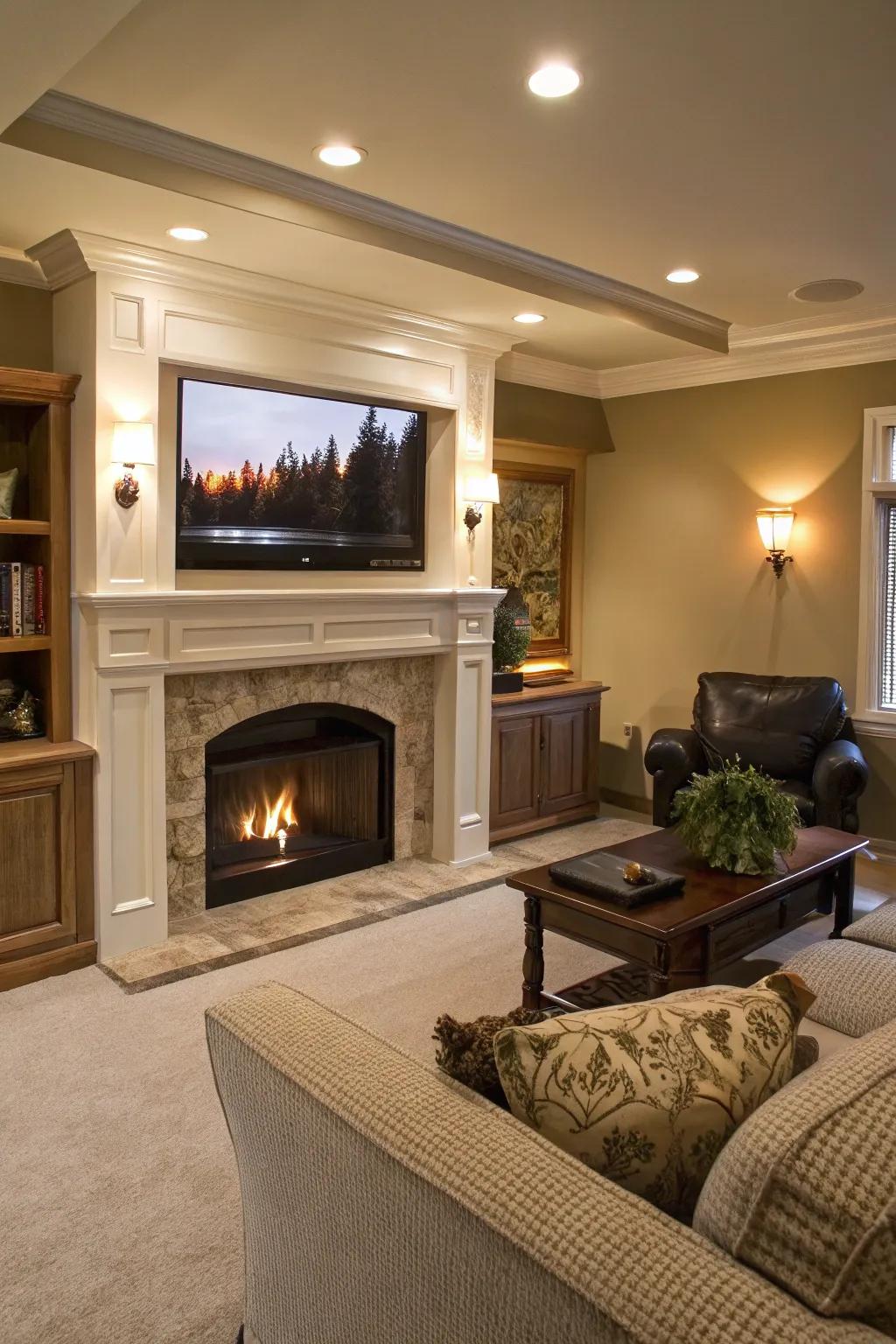 A recessed TV alcove above a fireplace for harmonious integration.