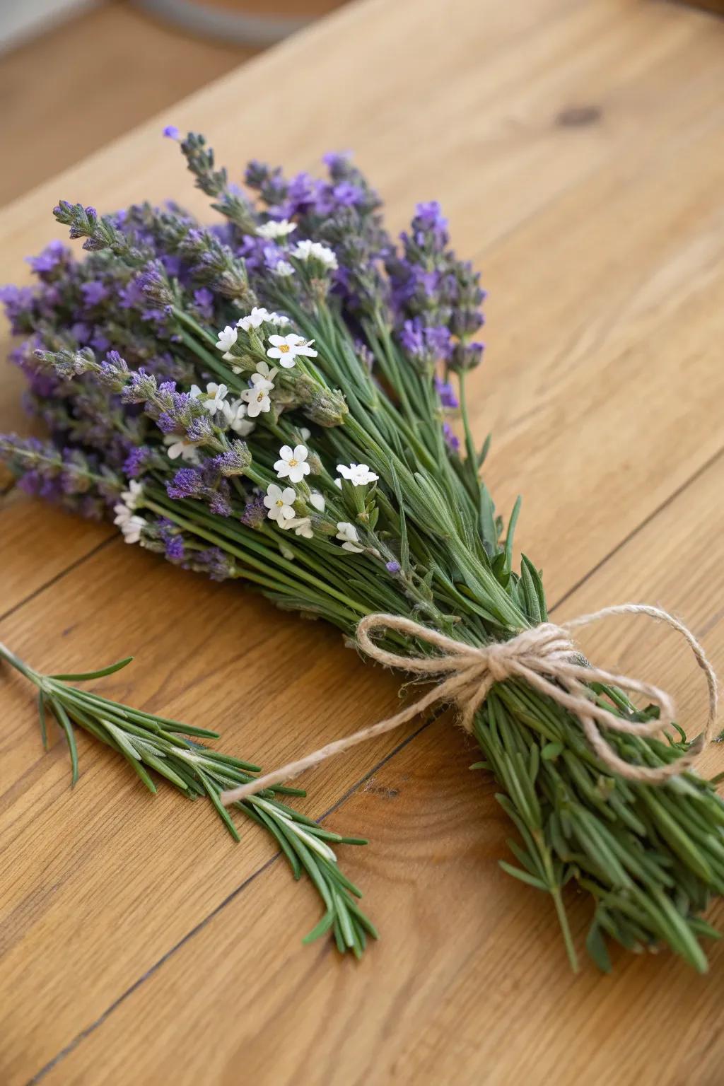 An aromatic herb bunch showcasing lavender including rosemary.