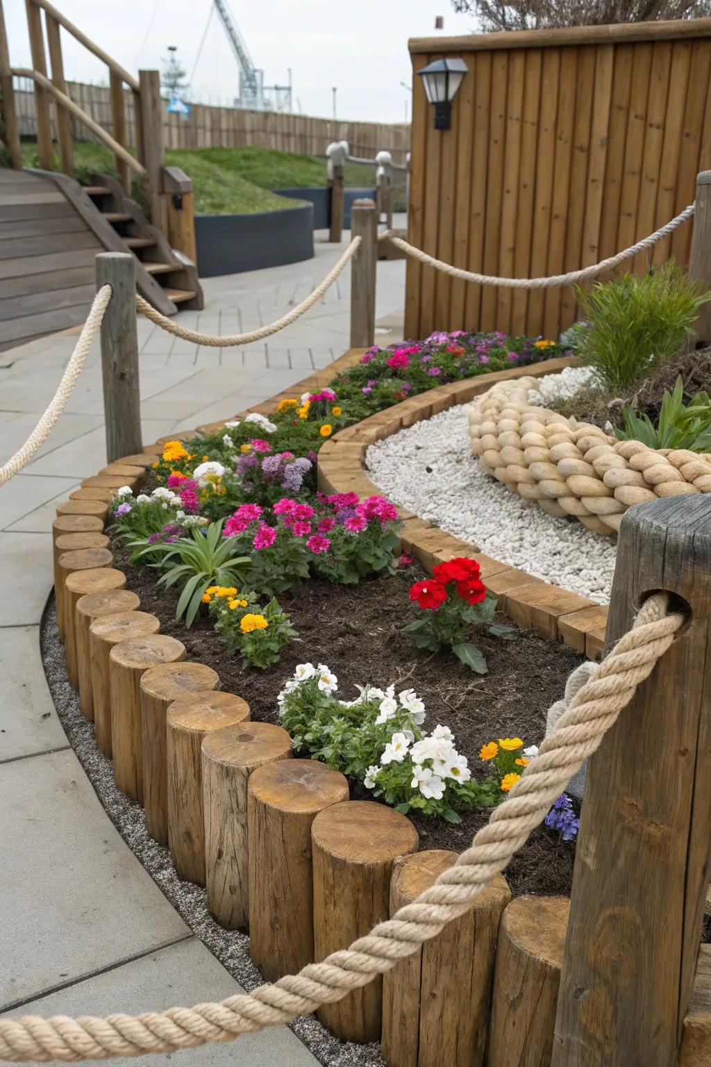 Cordage and lumber fashion a nautical-inspired flower bed border.