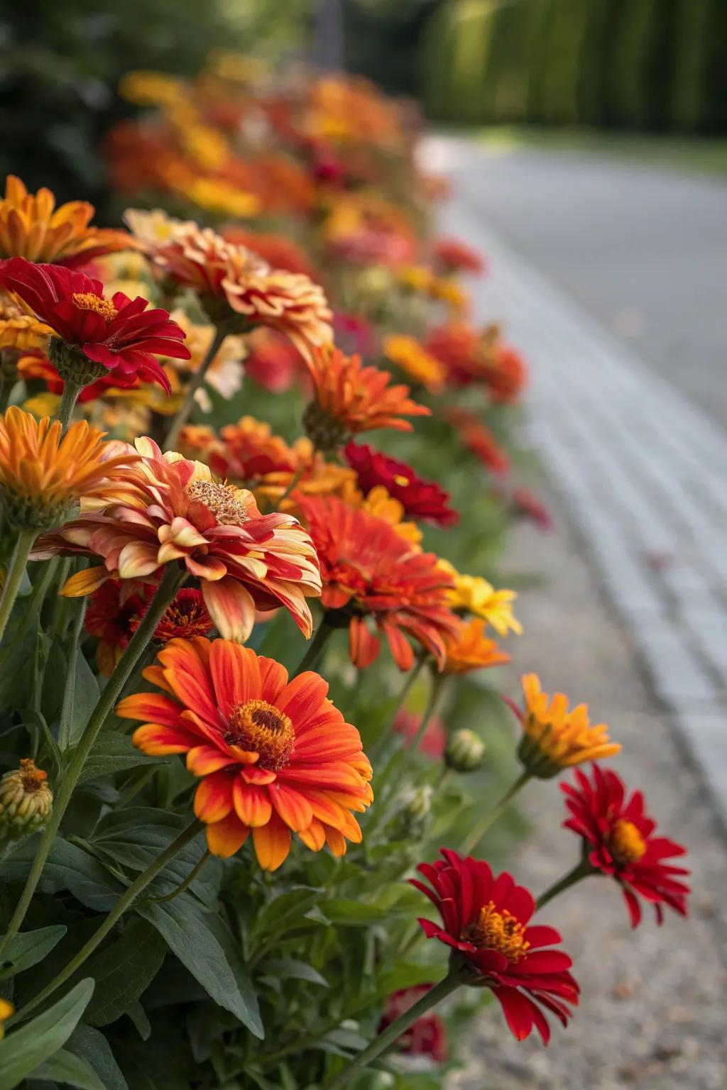 A fiery flower border featuring vibrant flowers in hot colors like reds and golds.
