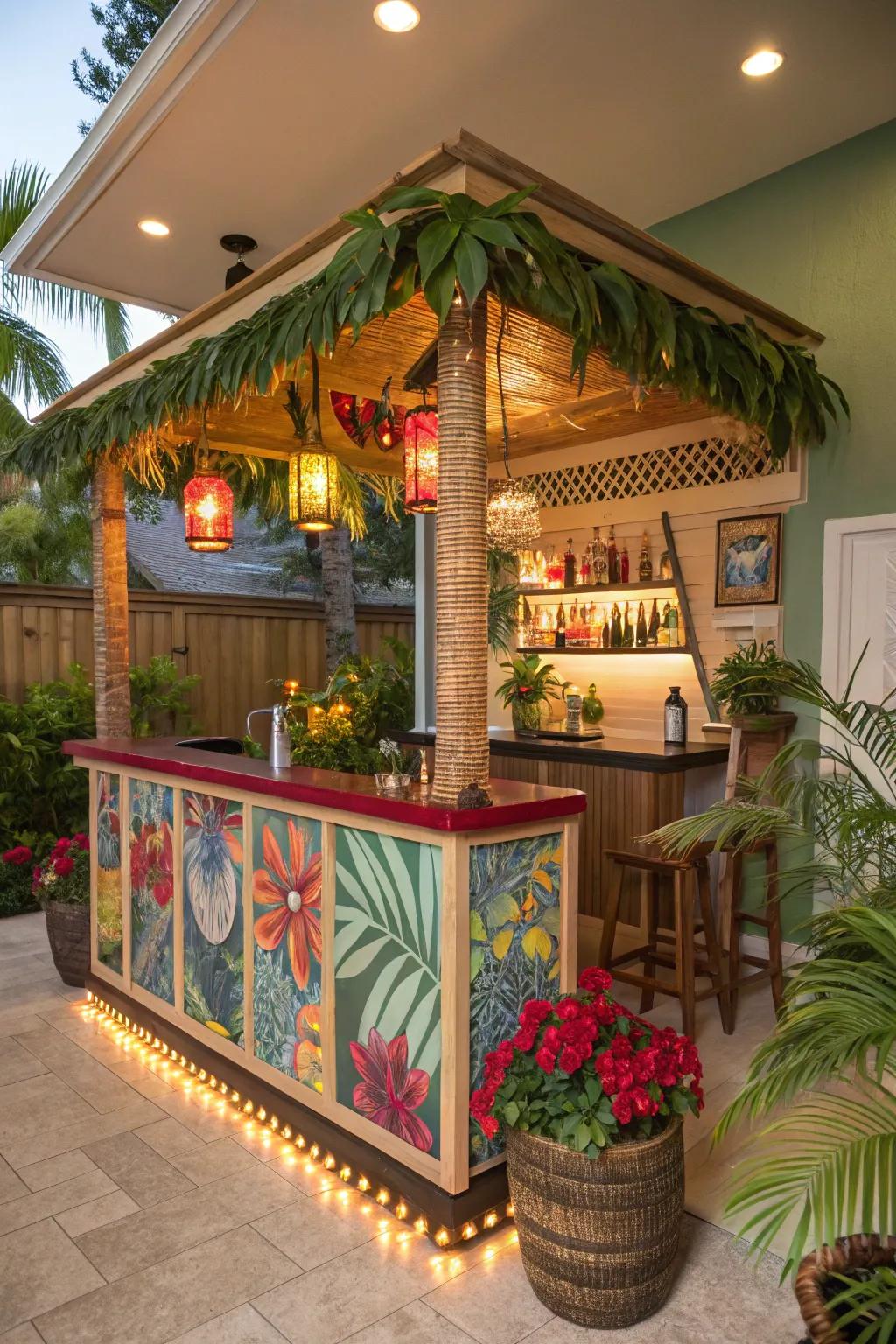 A tropical-themed bar that brings paradise into your home.