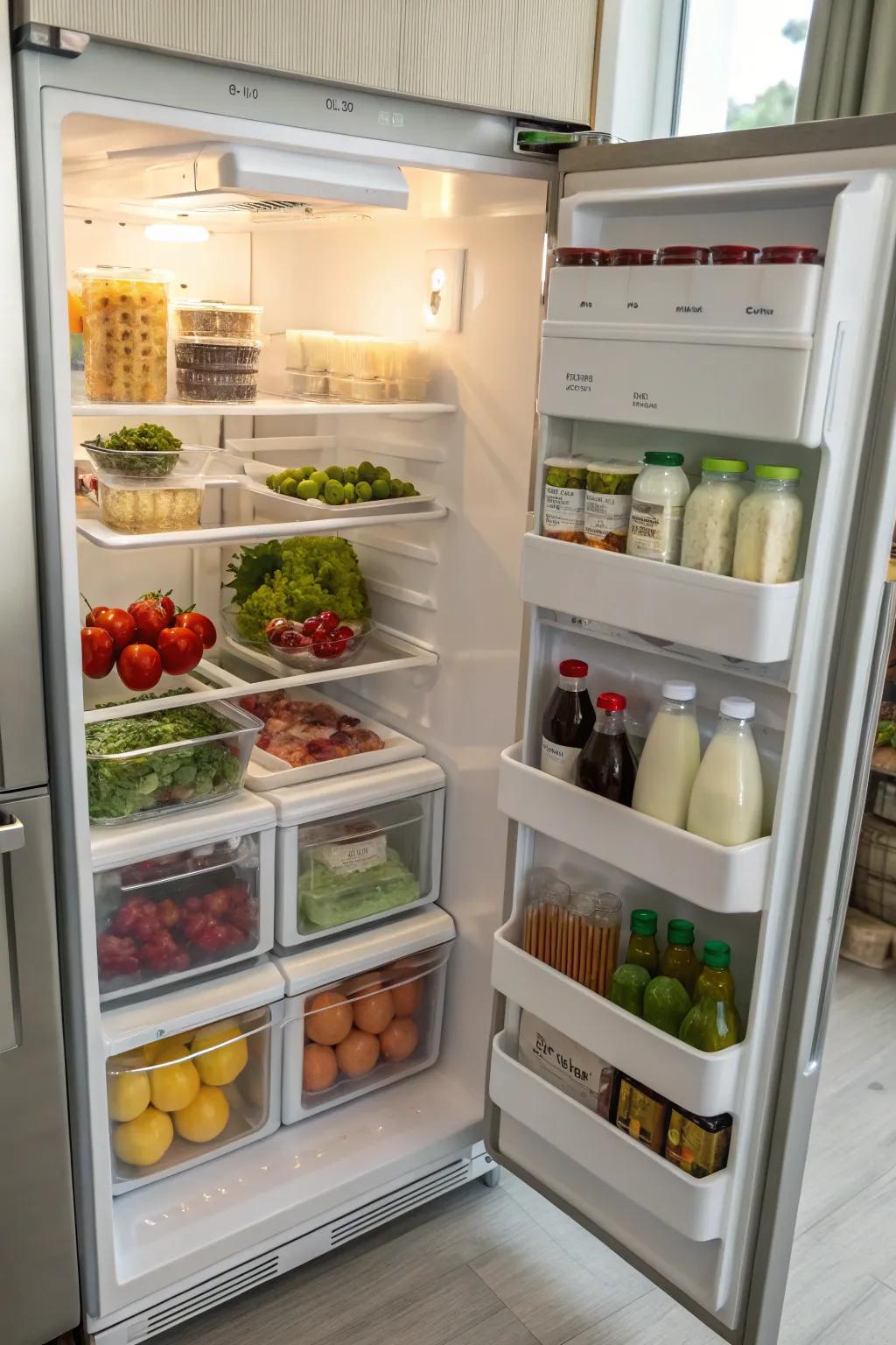 Distinct zones help maintain order within the fridge.