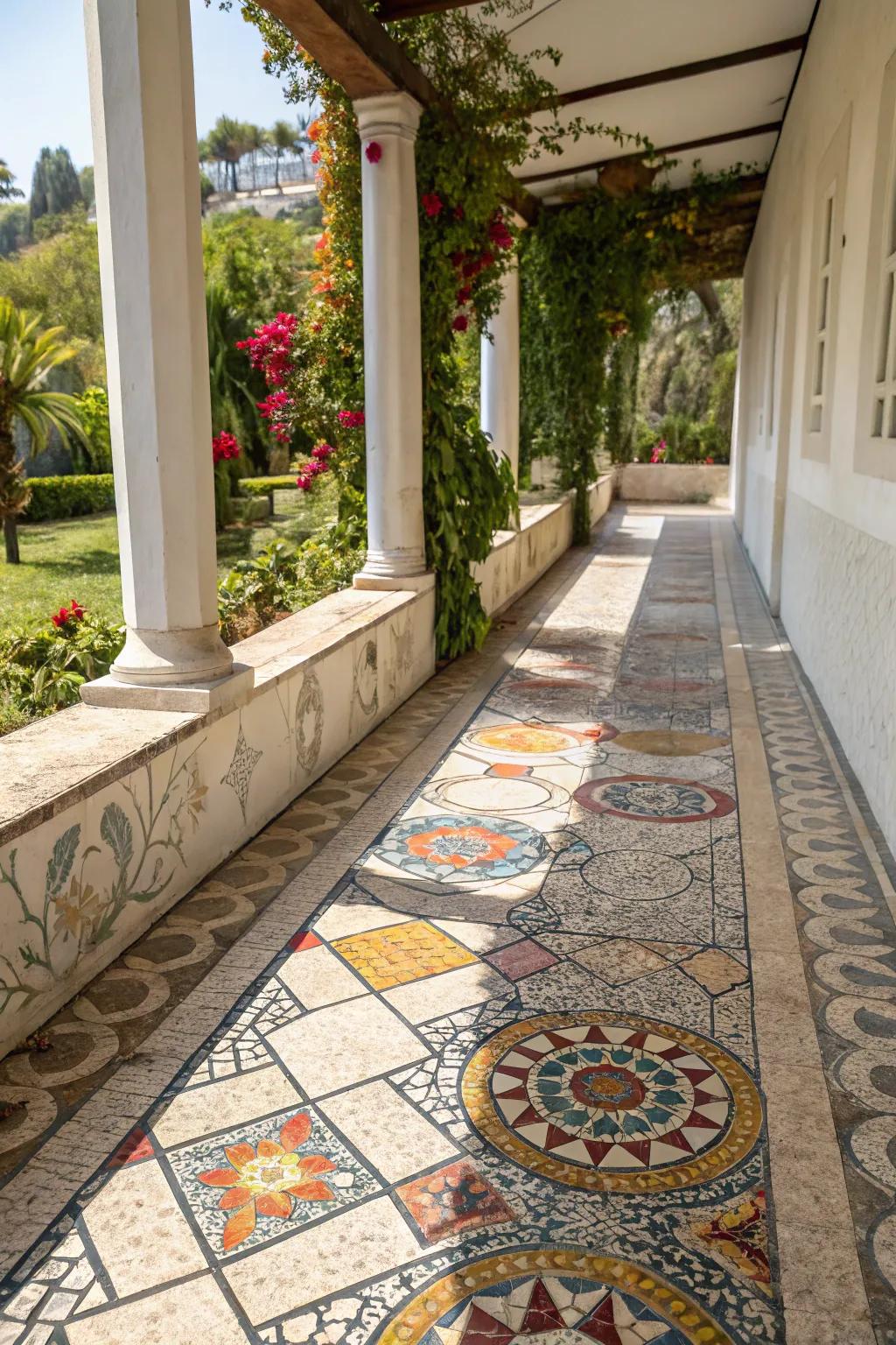 Mosaic tiles transmute walkways into artistic articulations.