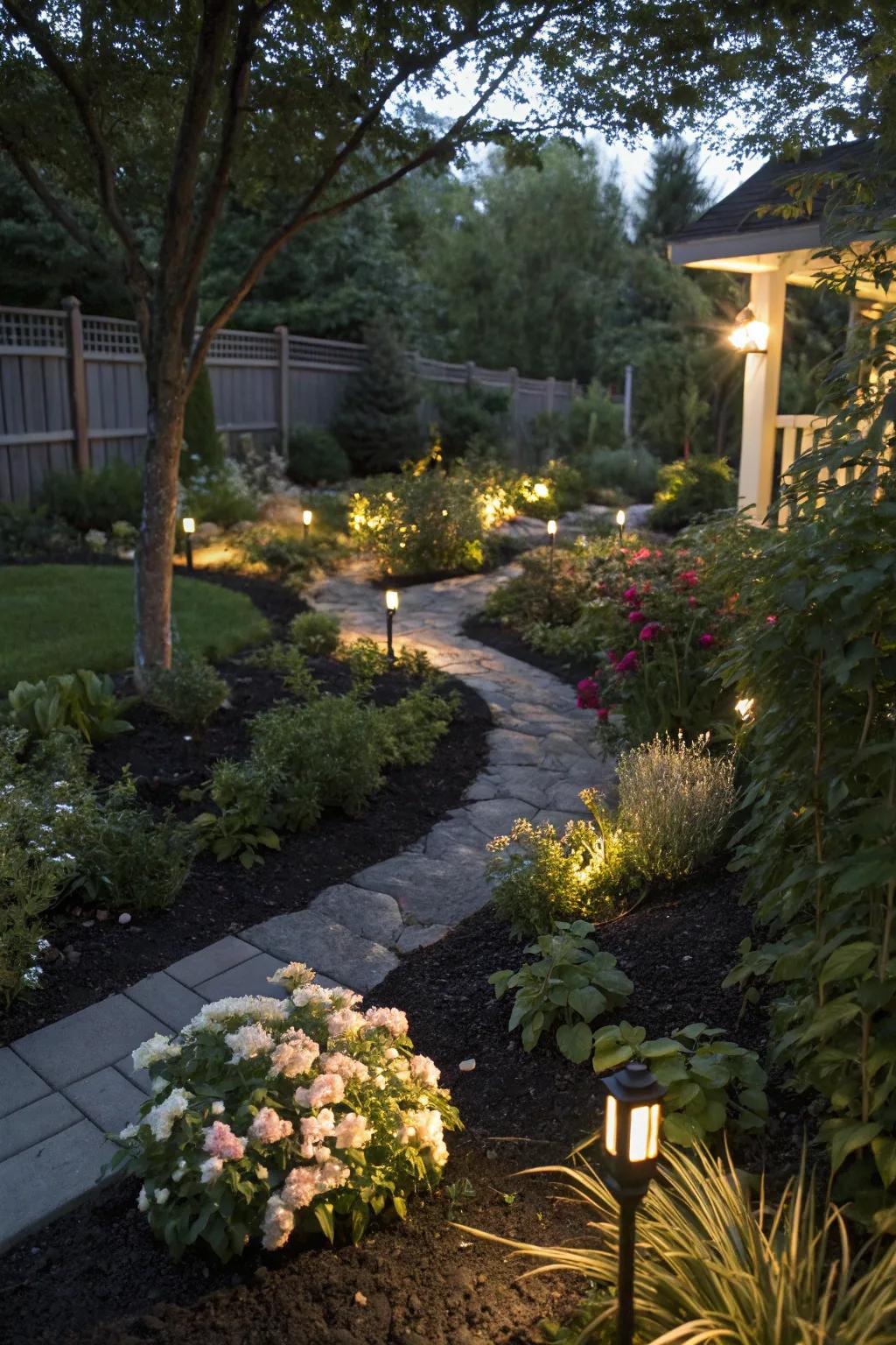 Lighting and ground cover create a magical nighttime garden.