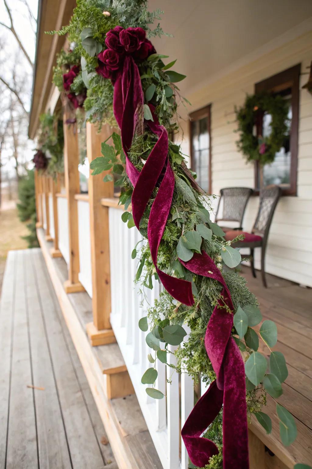 Velvet ribbons append opulence and depth to your holiday garland.