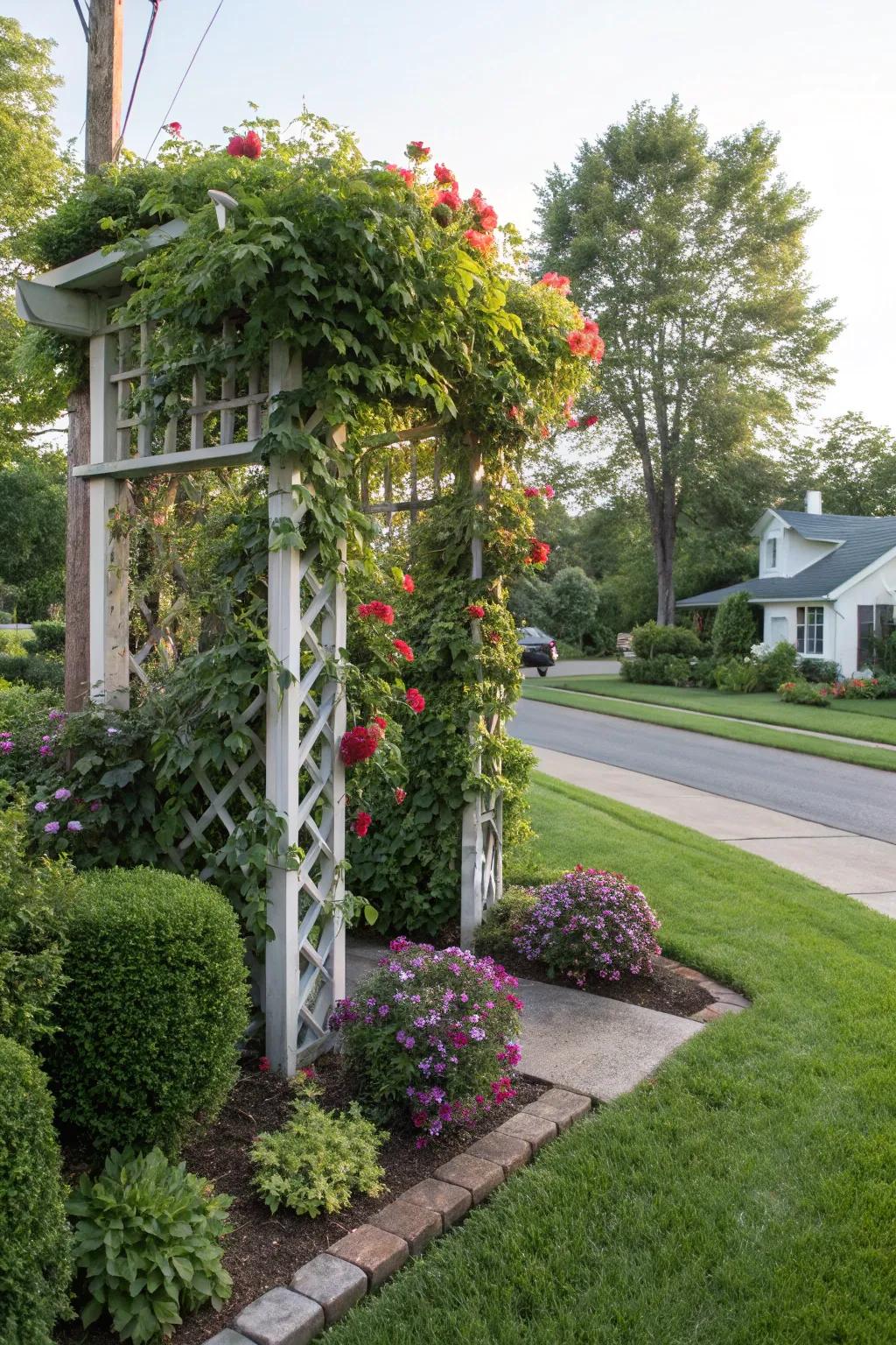 A garden trellis with lush climbers adding vertical interest to a corner lot.