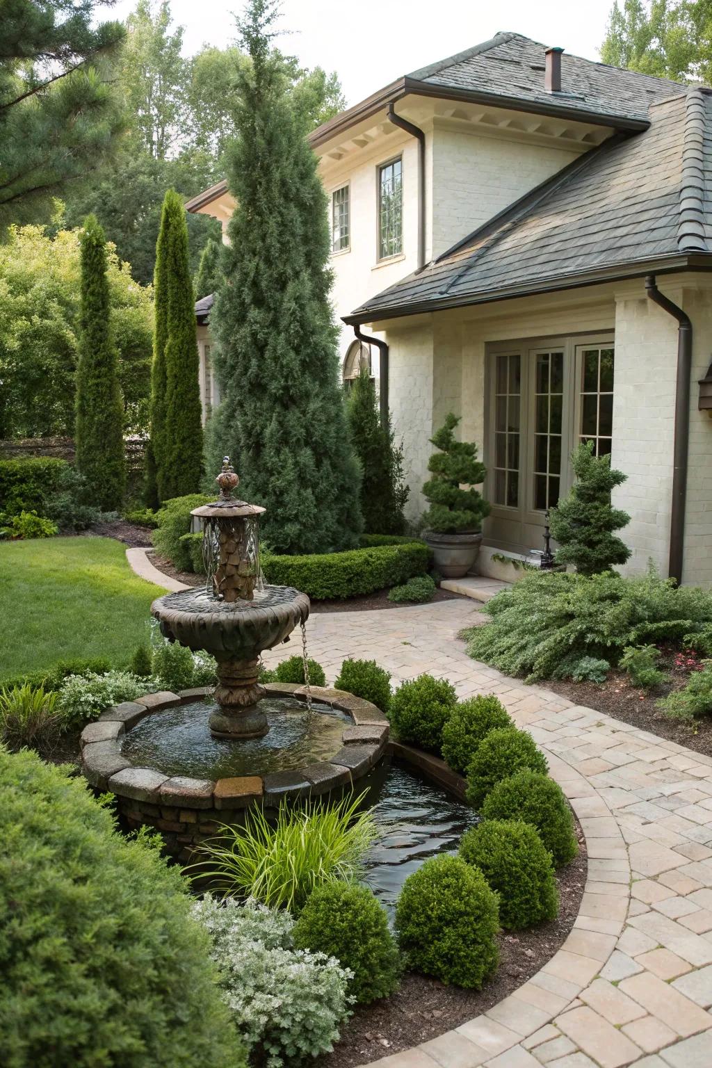 A water feature introduces tranquility to the evergreen landscape.