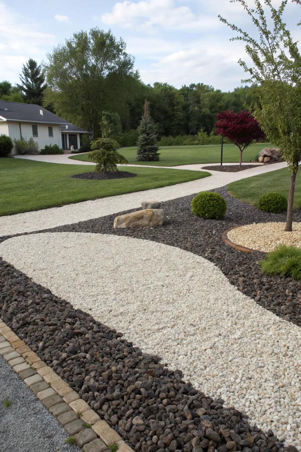 Contrasting gravel colors create a visually dynamic landscape.