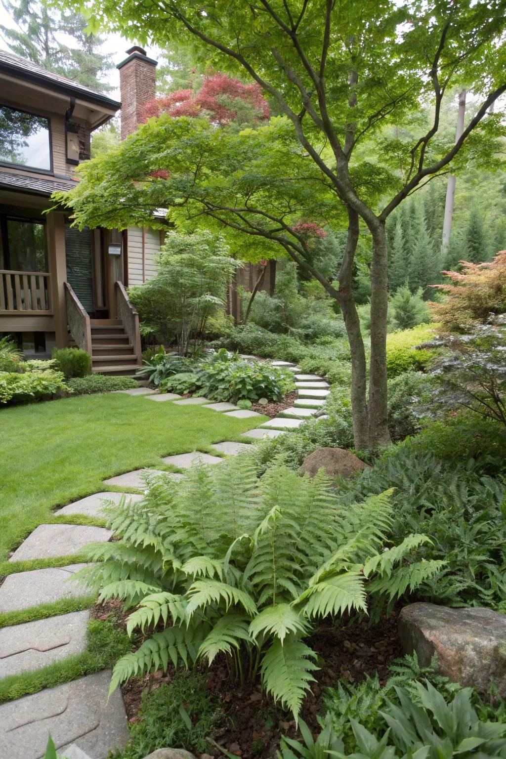 Ferns add lush texture and complement the Japanese maple's elegant form.