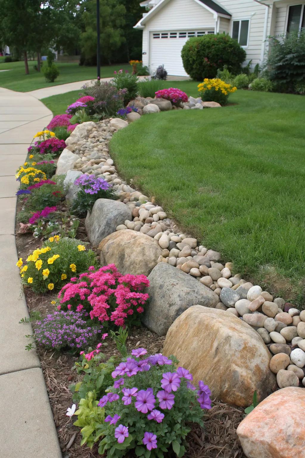 Stone framing outlining spaces around flower beds in a harmonious garden design.