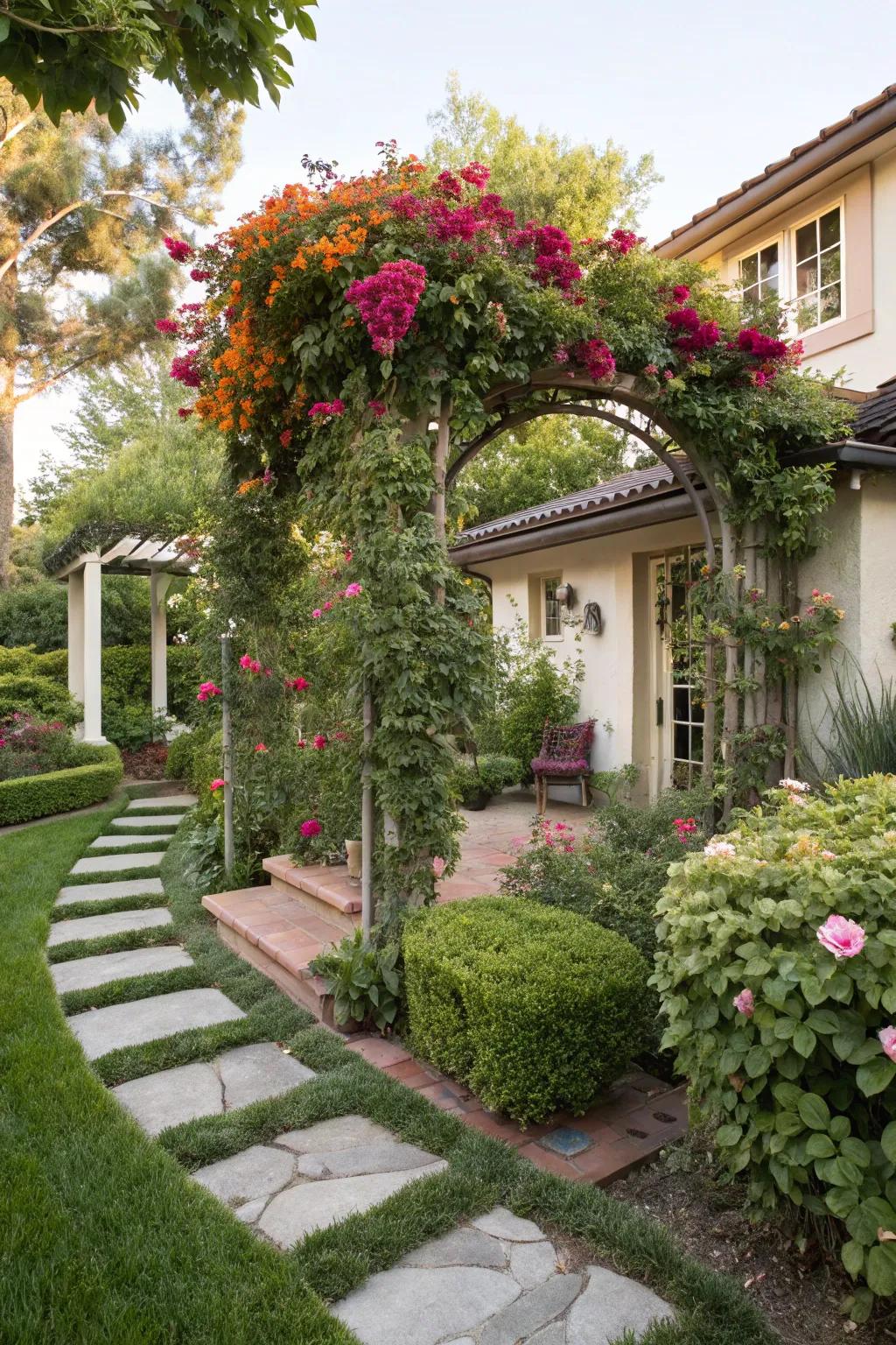 Trellises with climbing flora transmute your perimeter into a living masterpiece.