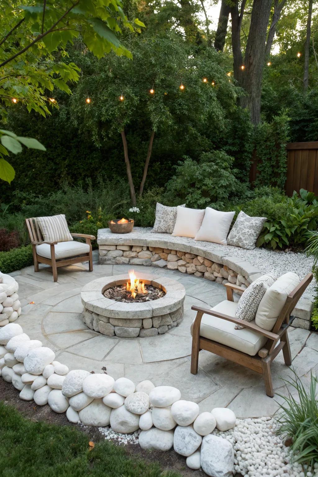 A fire pit with white rocks creates a warm, inviting outdoor space.