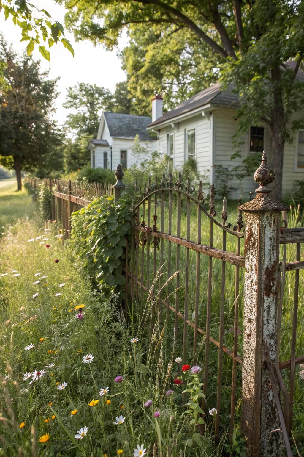 A weathered, rustic forged metal barrier adding charm to a country home.