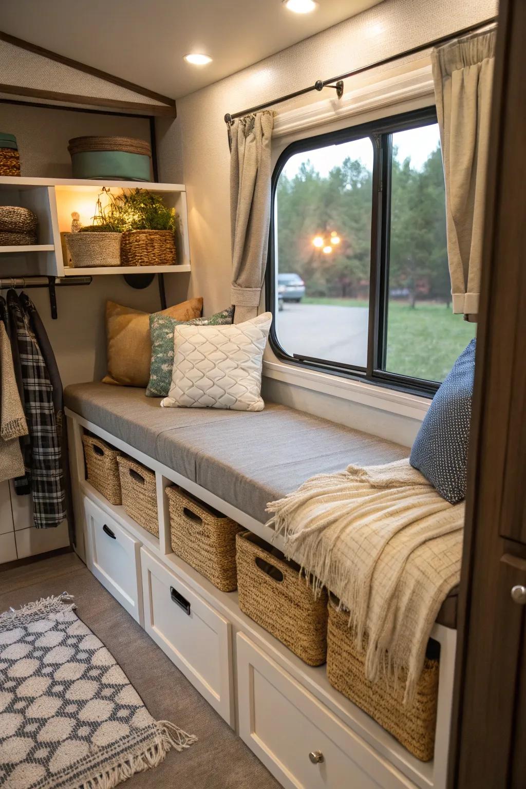 Charming window seat with hidden storage.