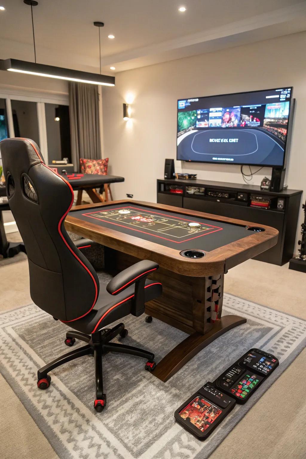 Bespoke furniture tailored to accommodate the specific requirements of the gaming refuge.