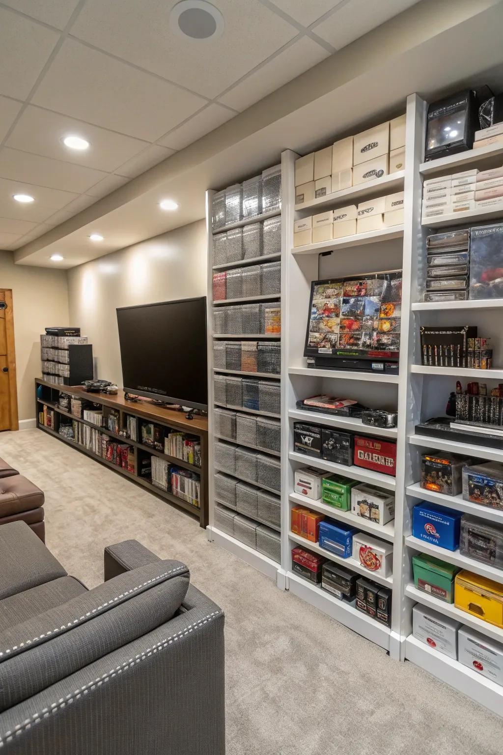 Vertical storage keeps your game room organized and clutter-free.