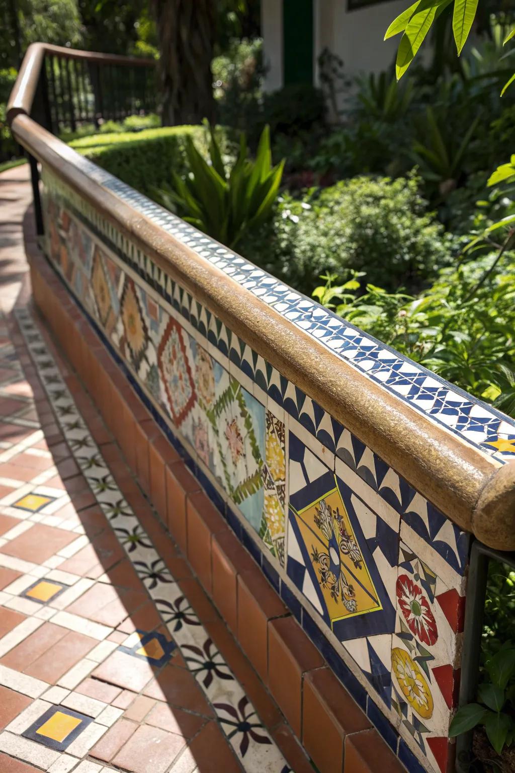 Infuse your garden with artistic flair using vibrant ceramic tiles for your handrails.