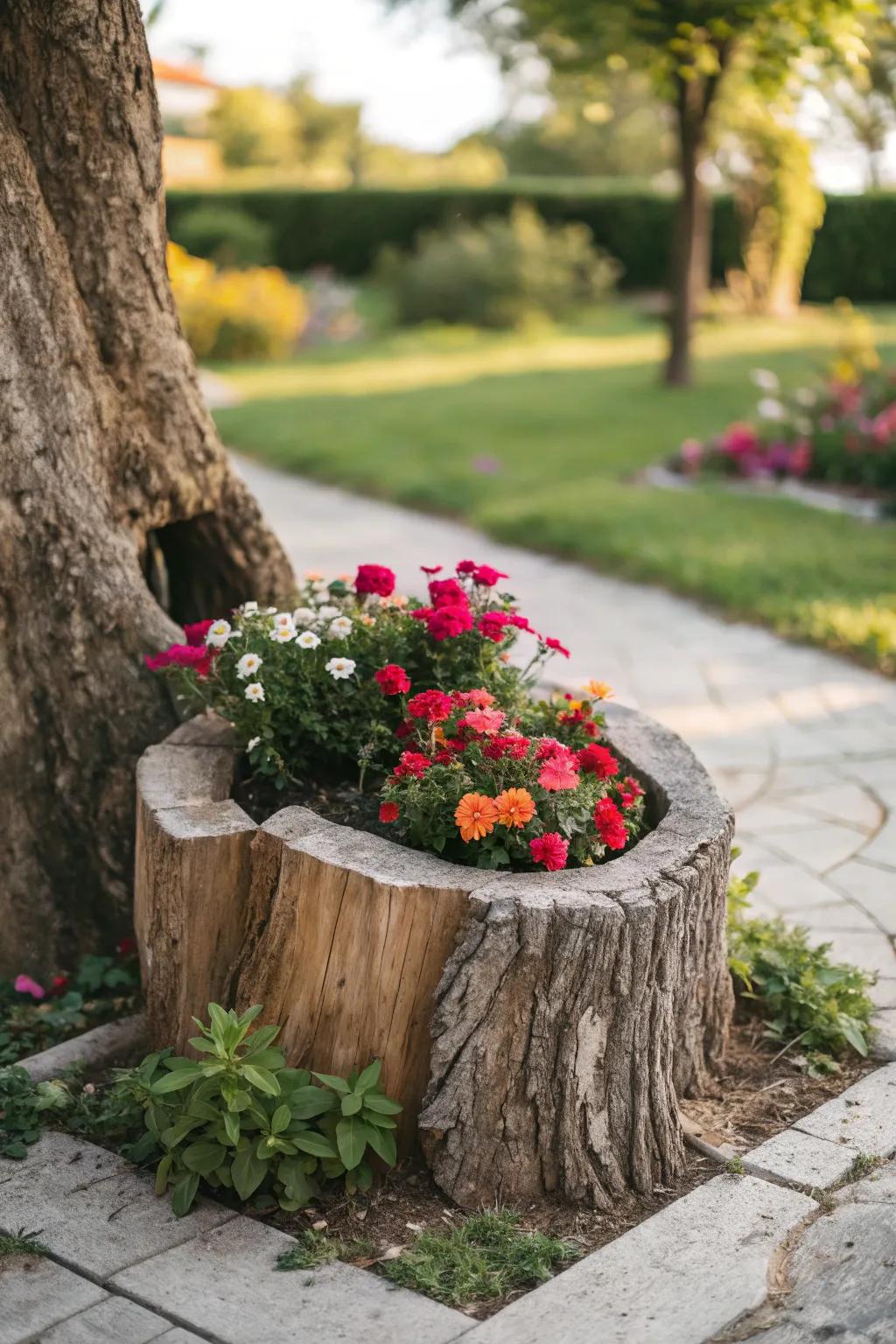 Breathe new life into your garden with a whimsical tree stump planter.