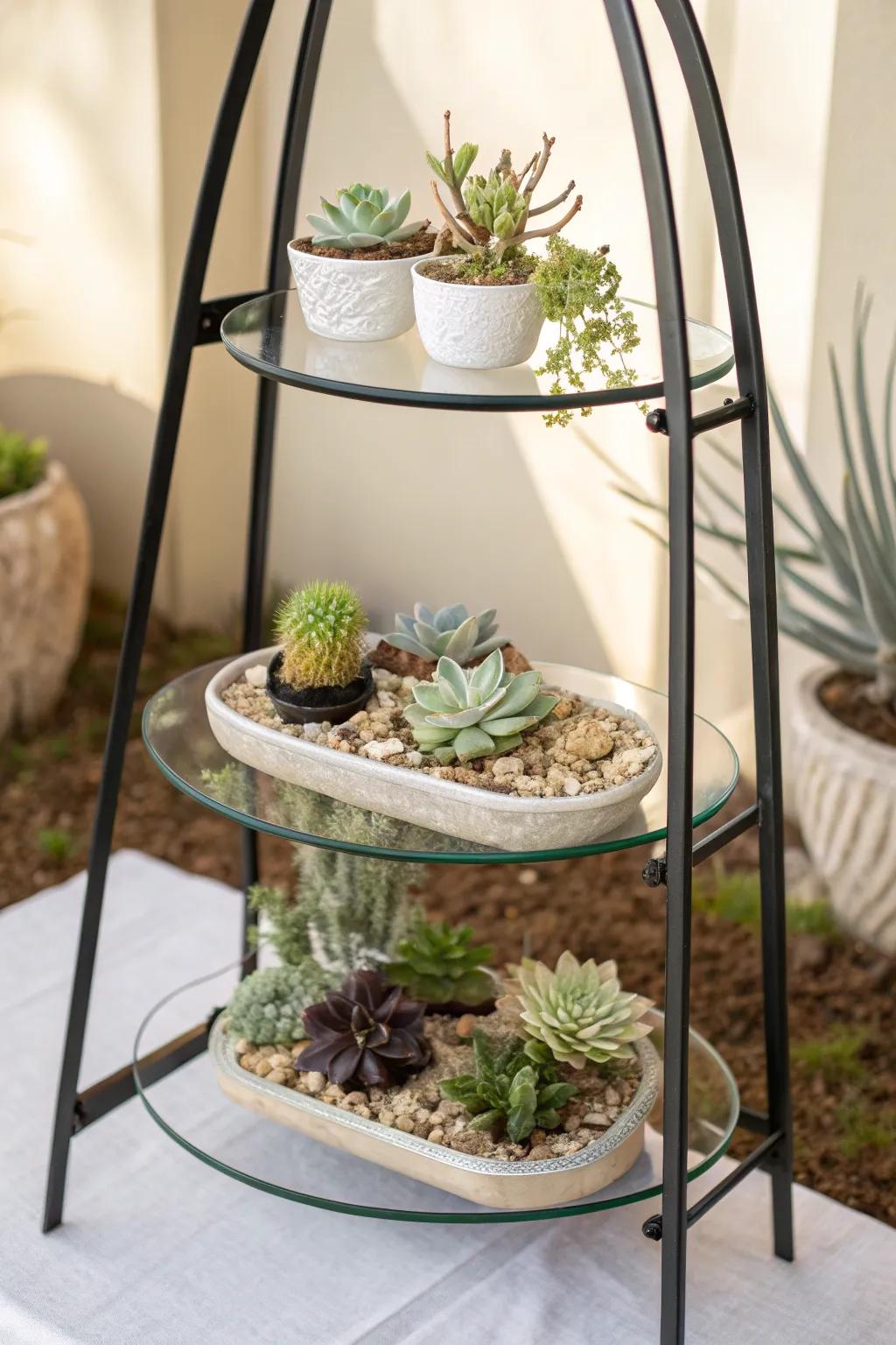 Elevate your plant display with this chic glass and metal stand, where minimalism meets boho charm.