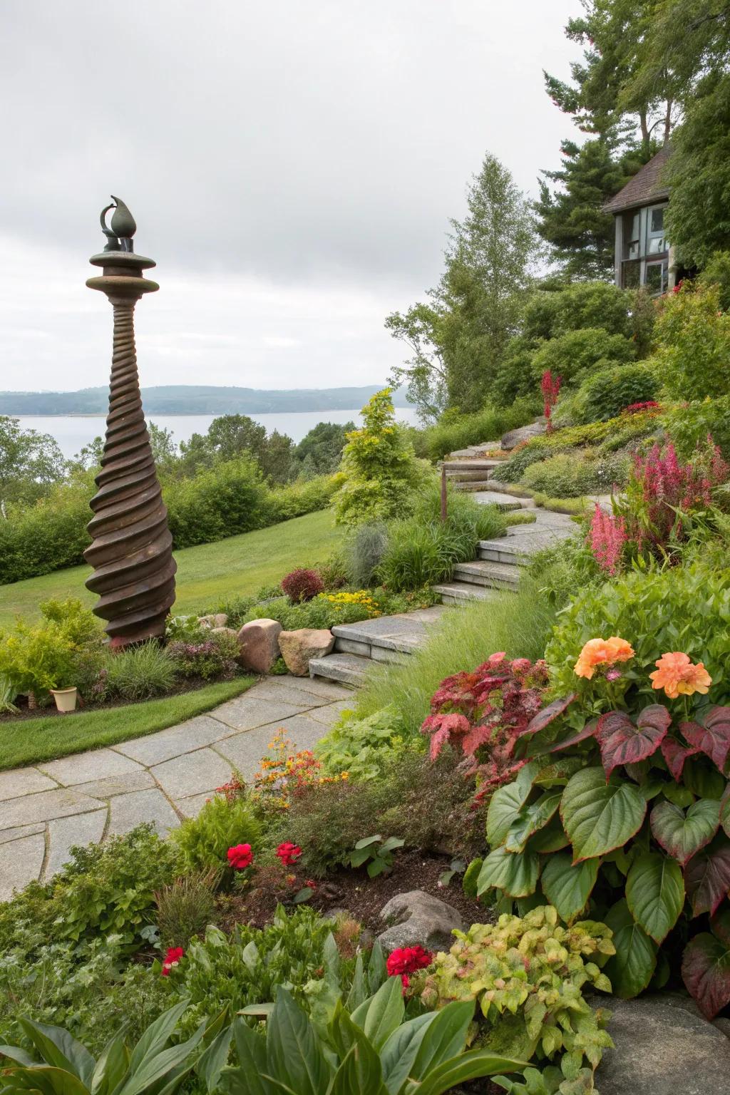 Artistic sculptures add elegance and intrigue to sloped gardens.