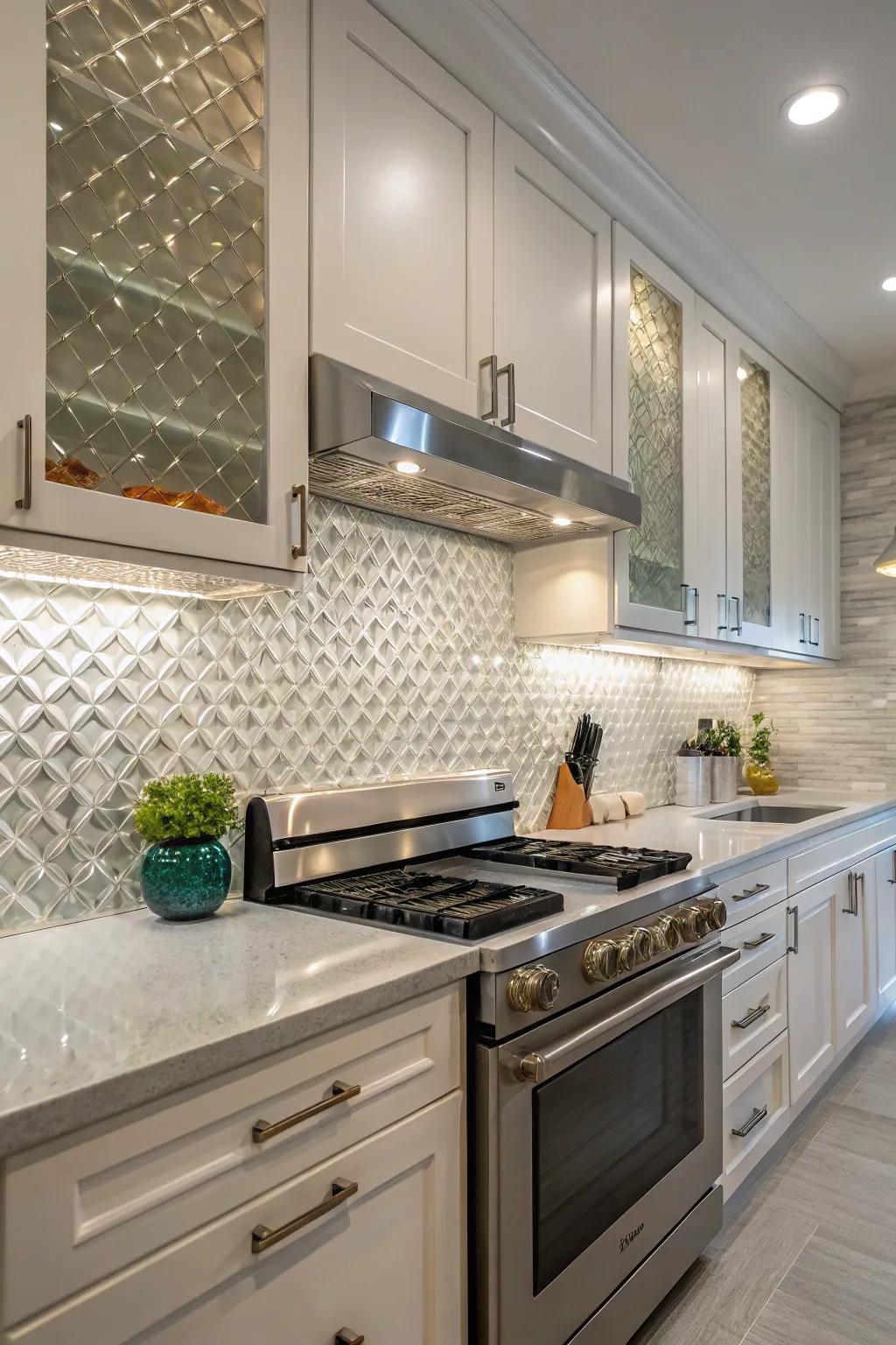 A kitchen with a 3D glass tile backsplash offering depth and intrigue.
