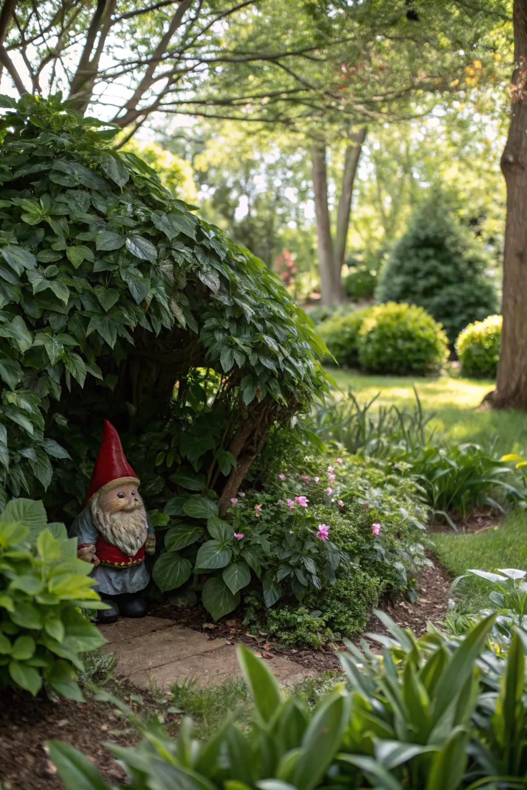 A clandestine gnome refuge nestled in lush foliage.