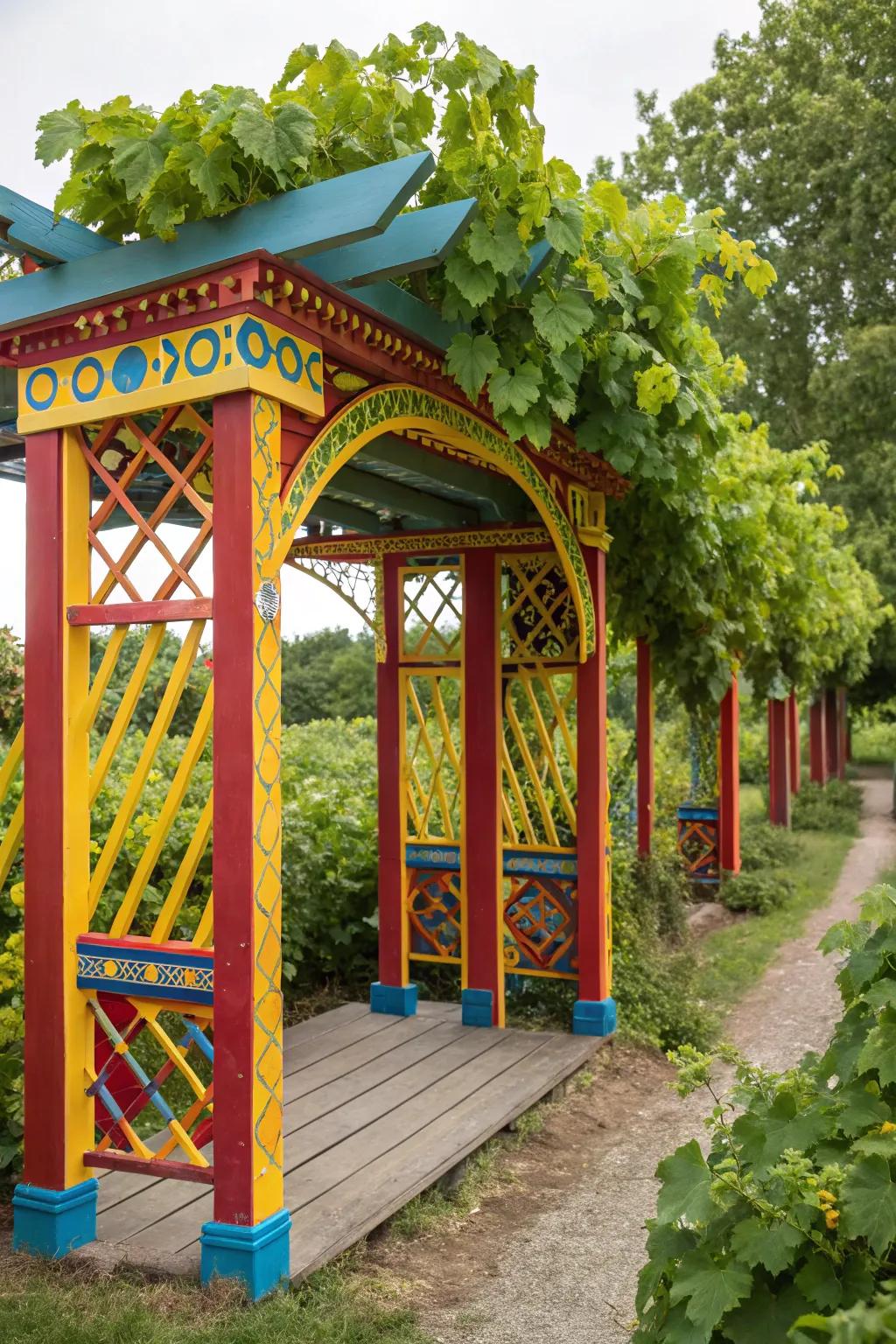 A vibrant painted arbor adds a lively touch to the garden landscape.