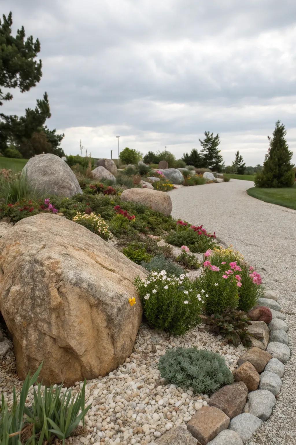 A bold gravel flower bed featuring striking boulders