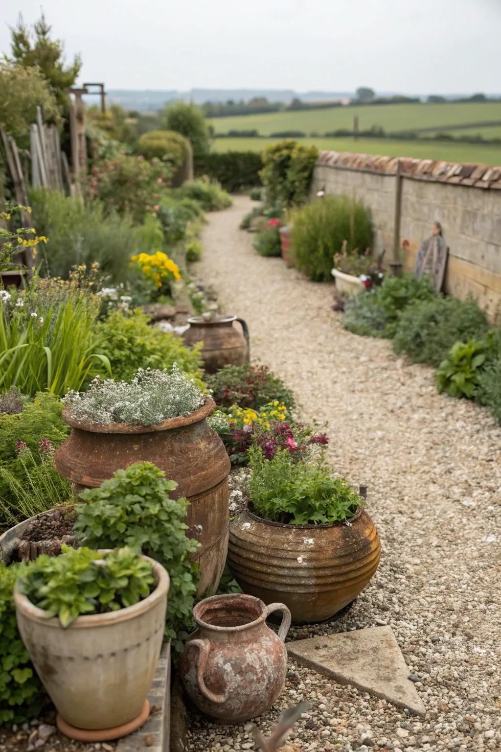 Vintage pots add a nostalgic and sustainable touch to the garden.