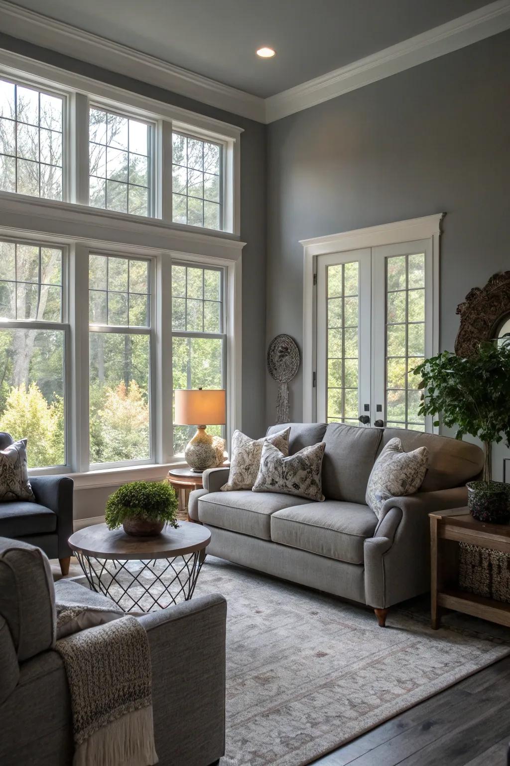 Natural light enhances the openness of a gray living room.