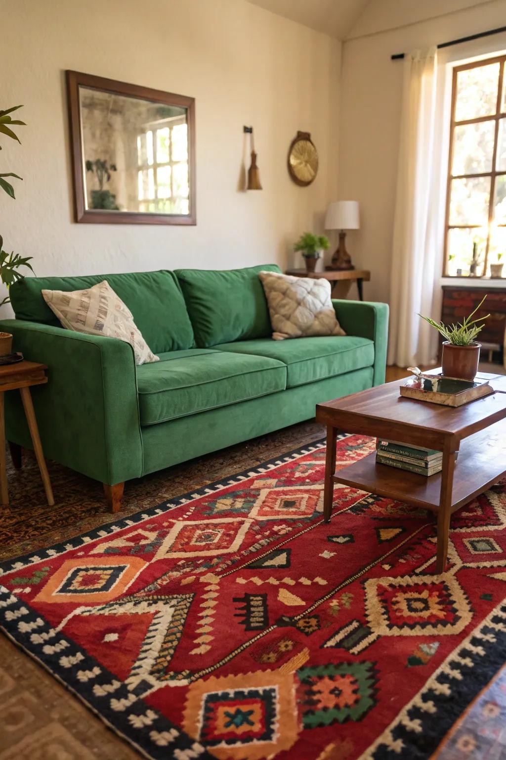A statement rug can beautifully anchor a green couch, enhancing the room's cohesiveness.
