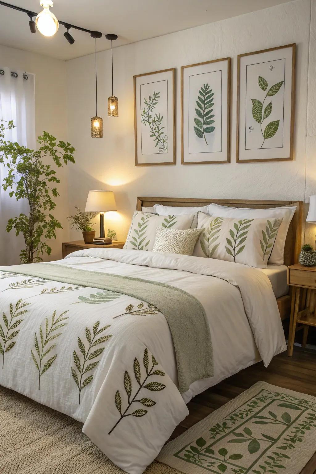 Foliage accents across the chamber fashion a serene refuge.