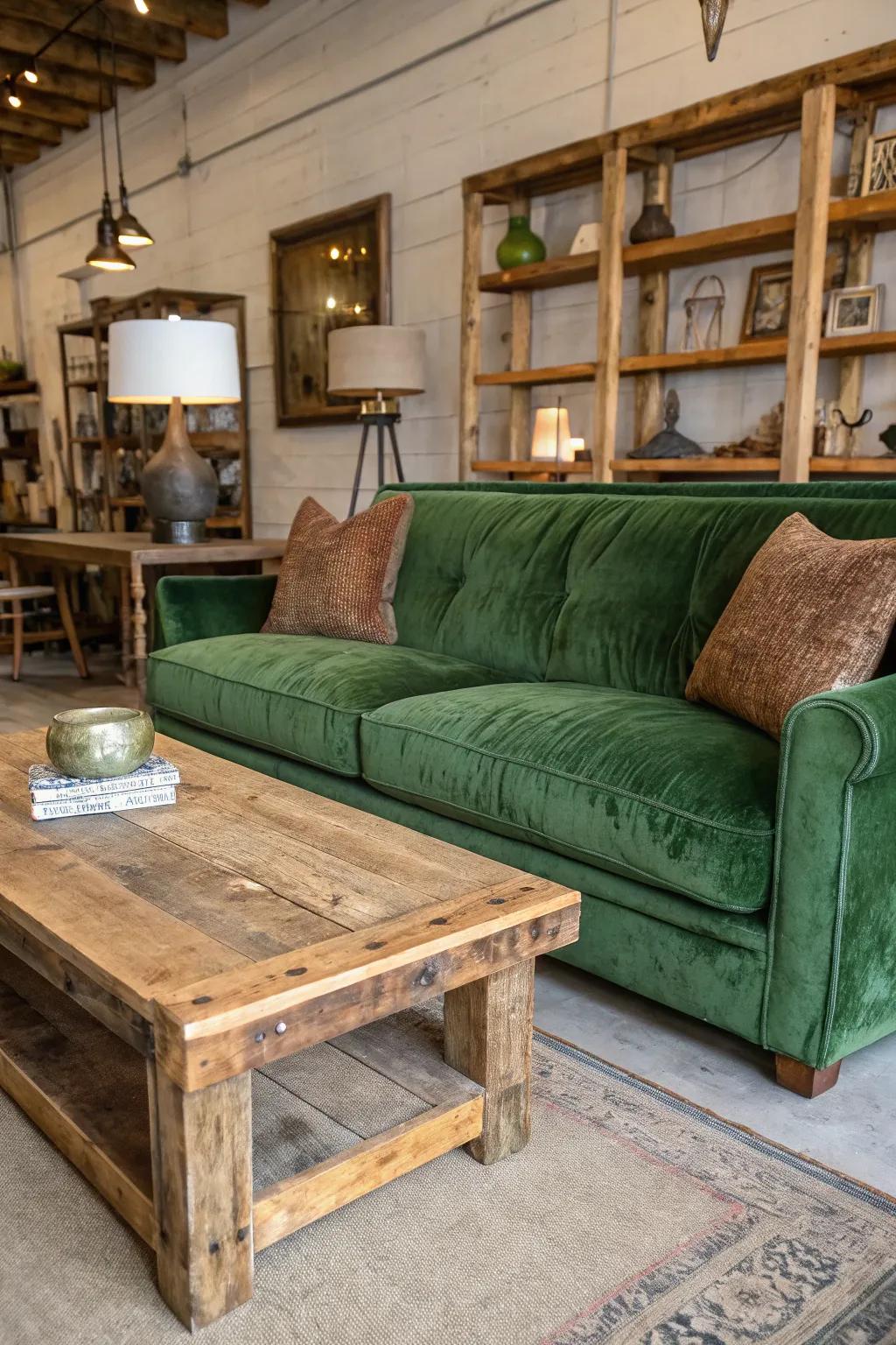 A warm and welcoming living space featuring an emerald plush sofa and rustic elements.