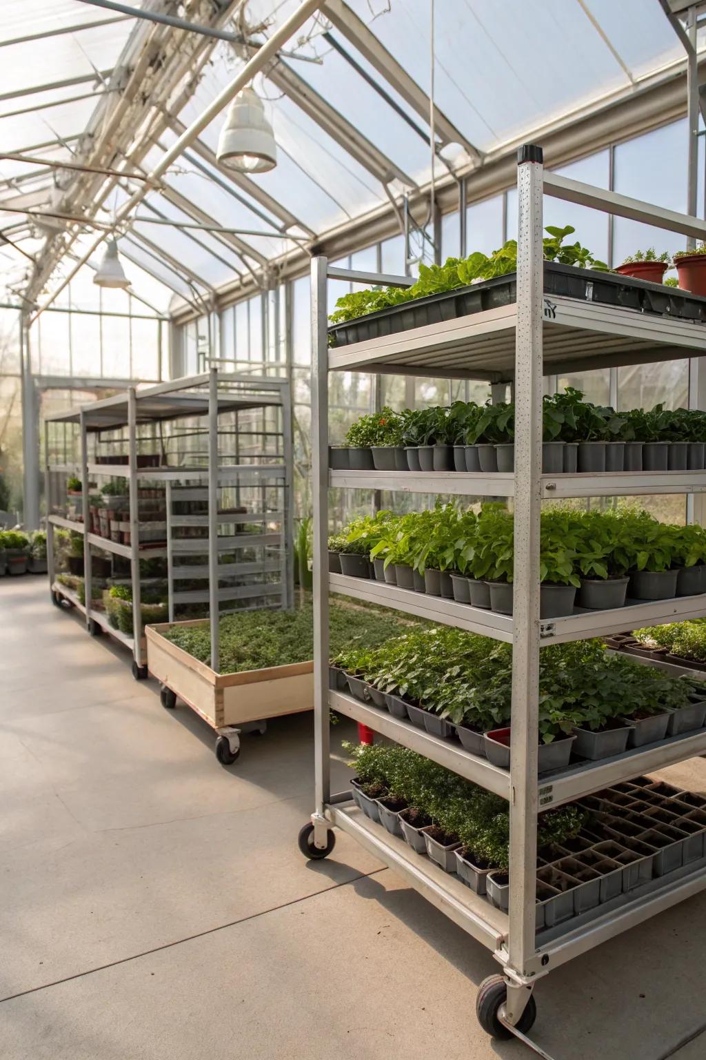 Mobile shelving on rollers allows for easy changes.