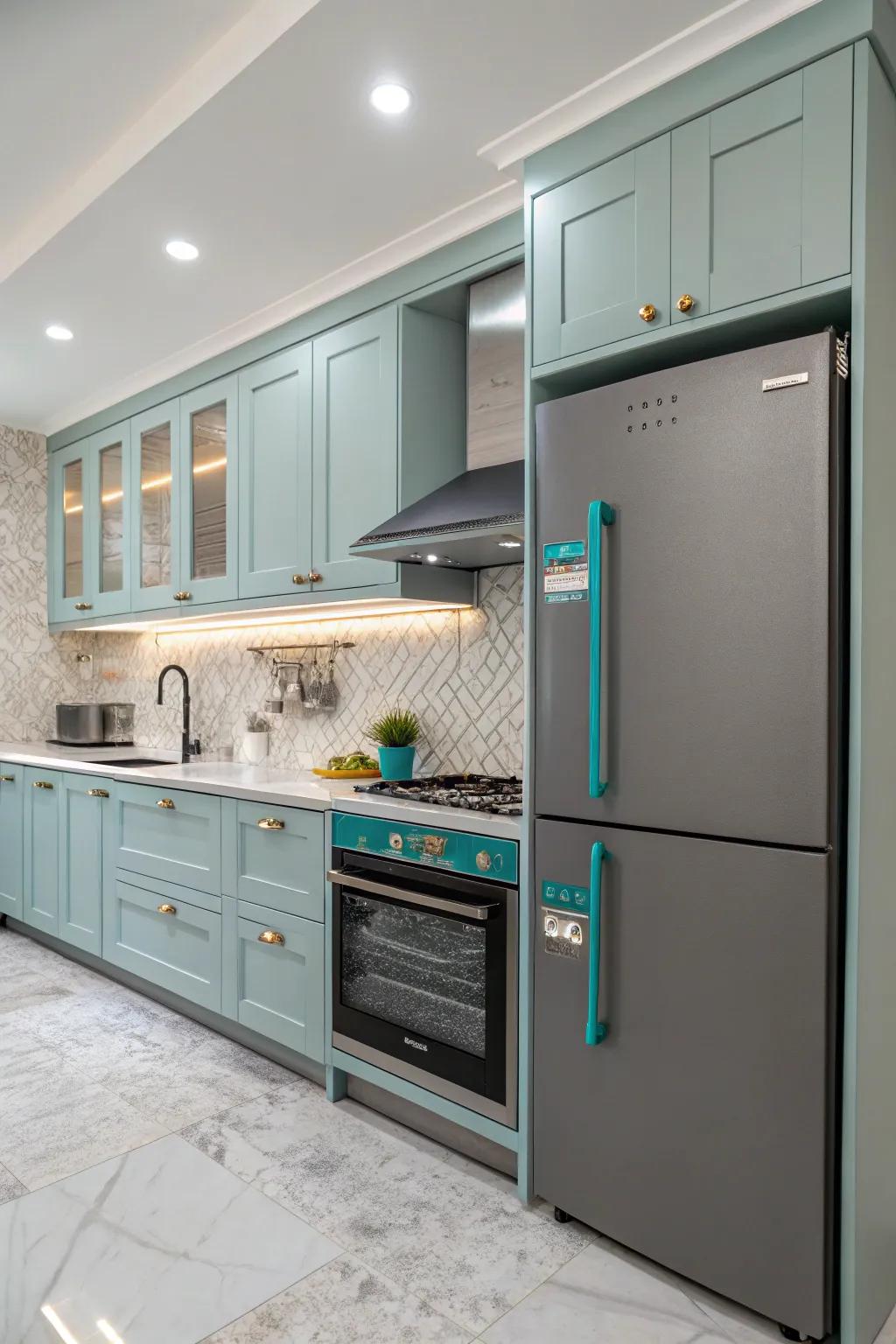 Aqua details on shadow appliances offer a subtle yet stylish touch.