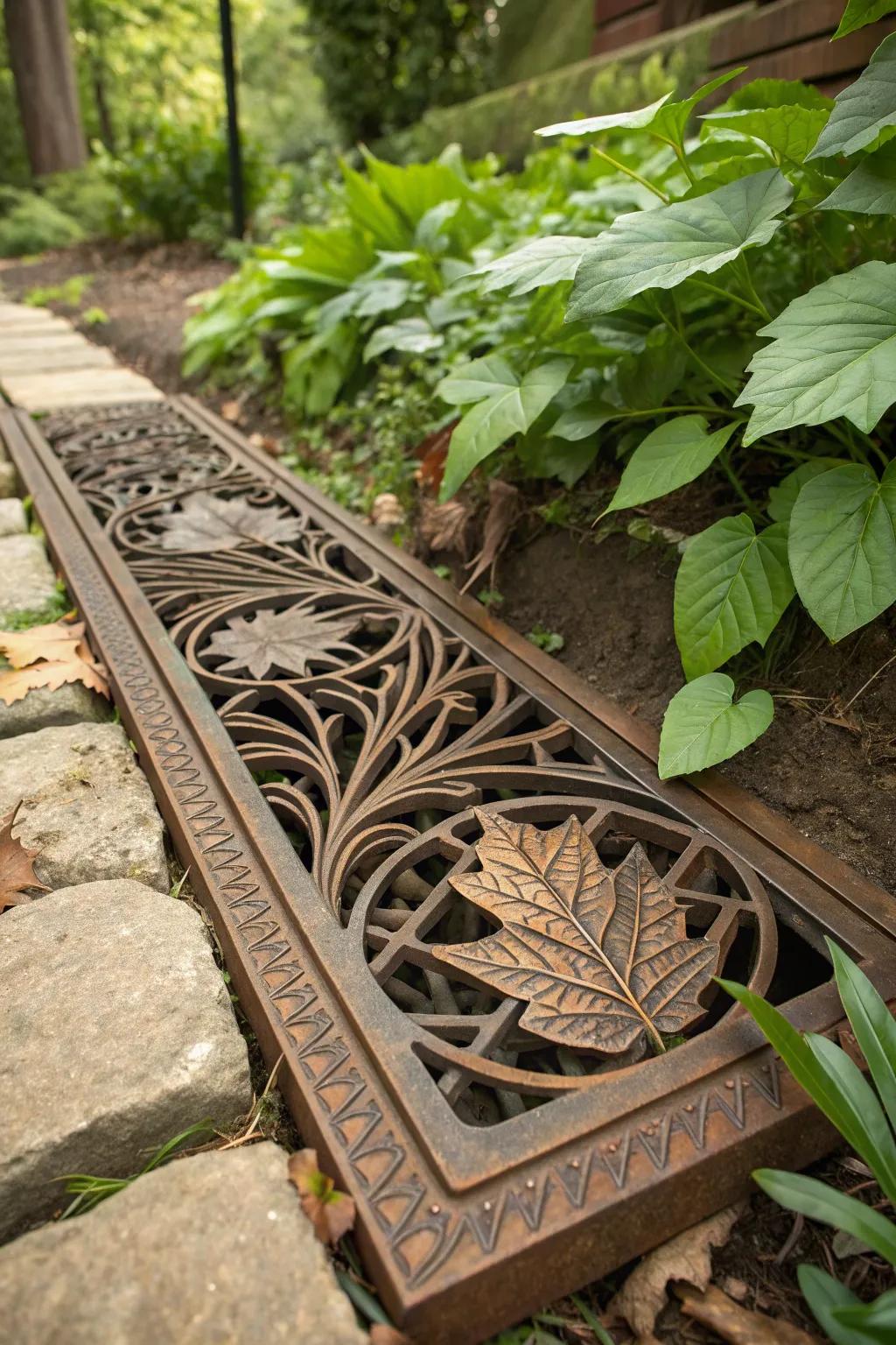 Elevate your backyard design with a storm drain grate that complements nature's beauty.